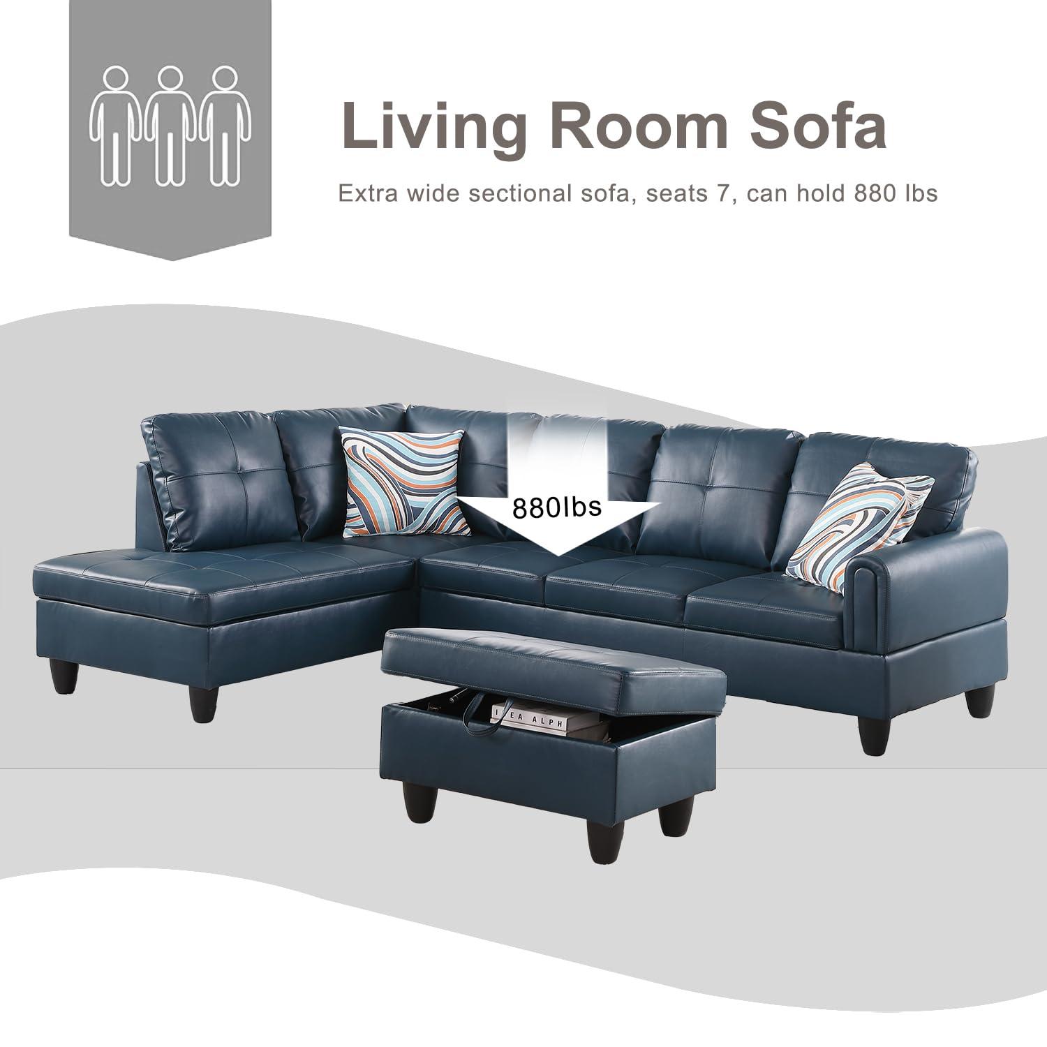 Ocstta Sectional Sofa Set Faux Leather Couch, L Shape Couch for Living Room, Sectional Couch Living Room Furniture Set with Ottoman (Left Hand Facing, Denim)