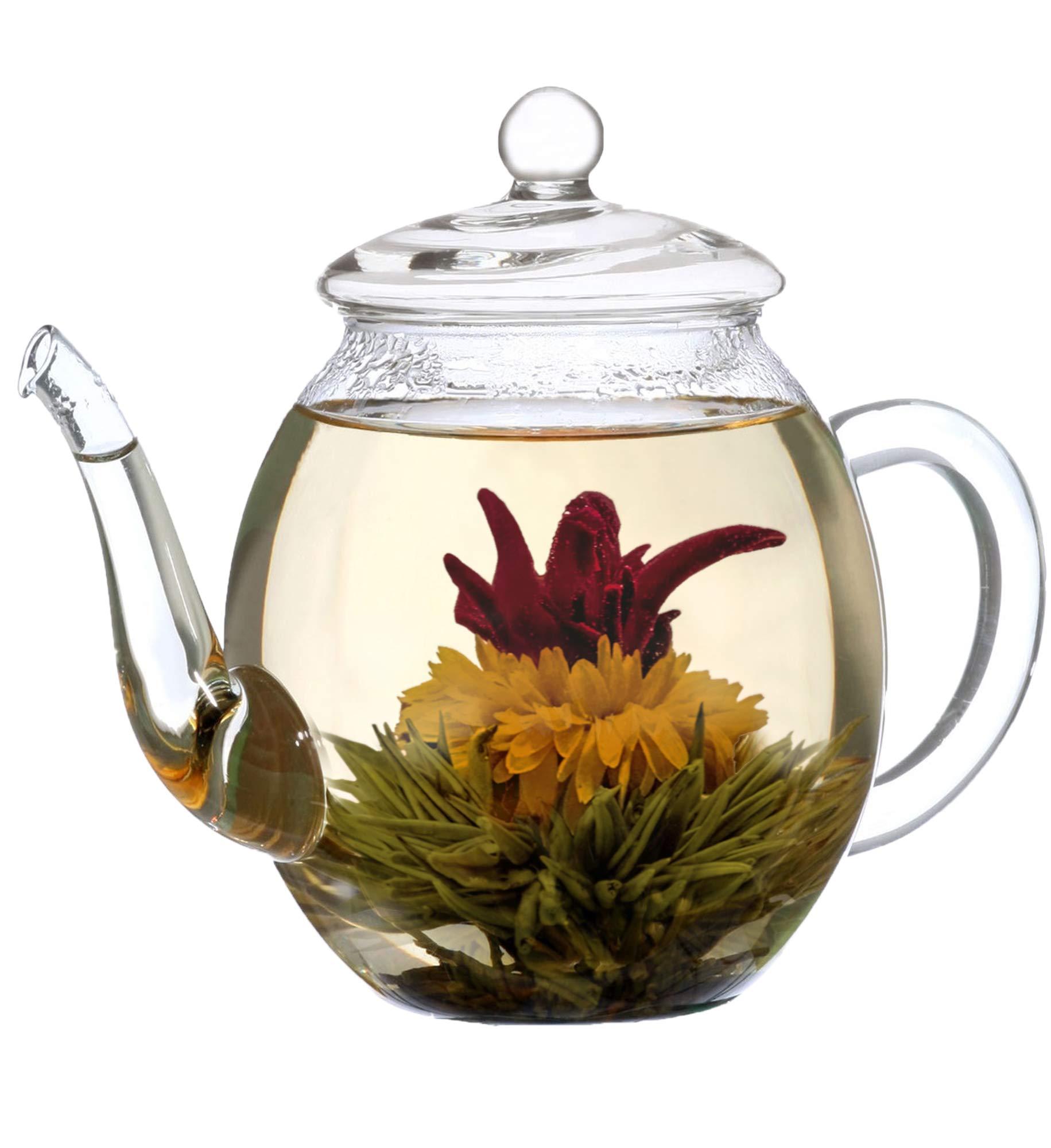 Creano Creano Blooming Tea Gift Set with Glass Teapot 17oz (500ml) - Green Tea Fruity Flavoured Tea Flowers in 6 Varieties - Flowering Tea Gift for Easter