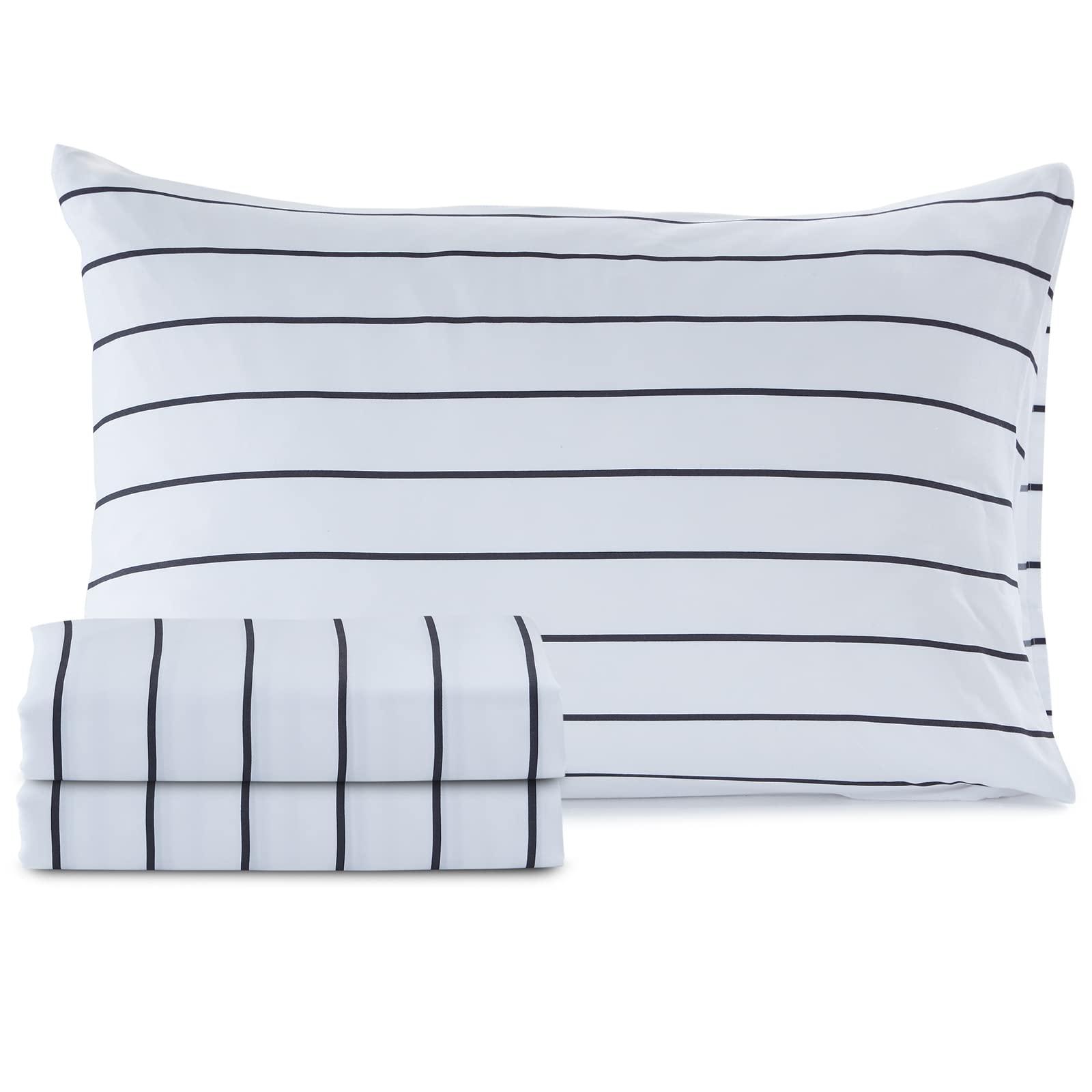 Homiest Homiest 3pcs White and Black Sheets Twin Size Bed Set Microfiber Sheet Set, Horizontal Stripe Bed Sheets Cute Soft Bedding Set, Deep Pocket Twin Sheets Stripe Printed Sheets for Kids Teen Boys Adults