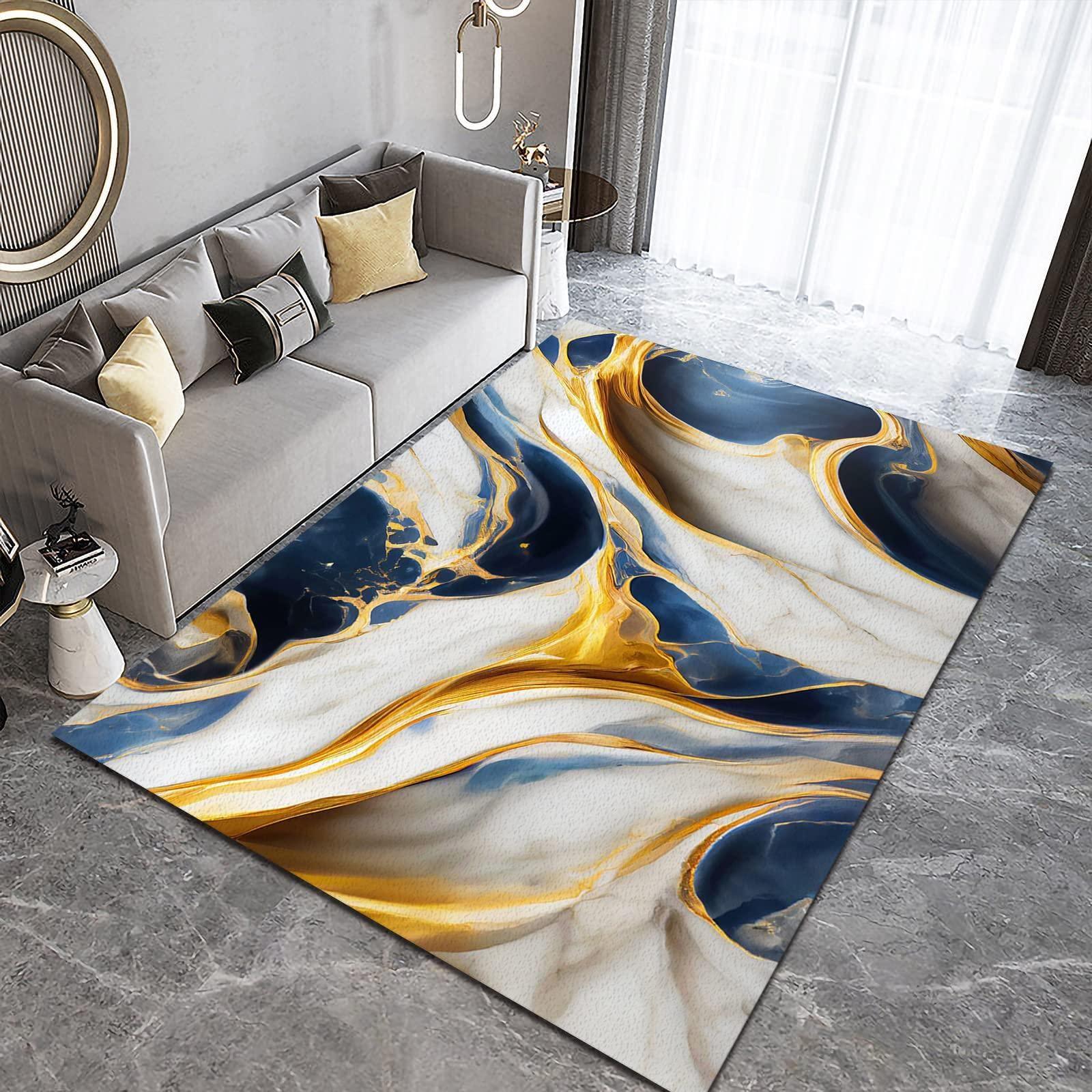 FAUSKE FAUSKE Abstract Blue Gold White Marble Area Rugs, Marble Liquid Art Home Rugs, Non-Slip Mat Soft and Easy to Clean for Kids Teen Girls Boys Bedroom Living Room Pet Farmhouse 4x6ft