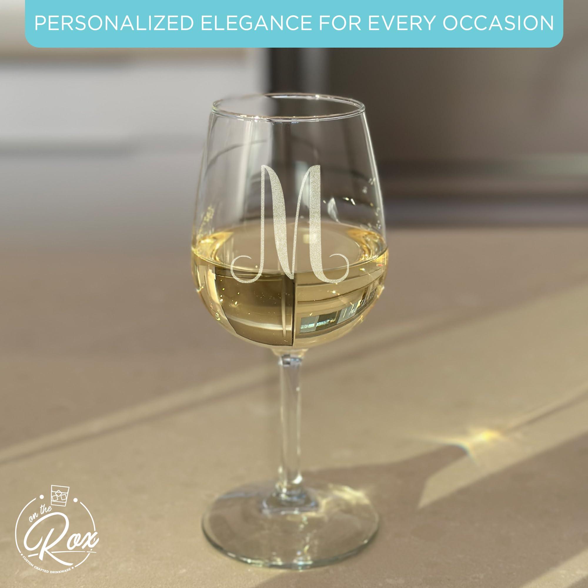 On The Rox Drinks Monogrammed A-Z Wine Gifts for Women - 12.75 oz Engraved Personalized Wine Glass- Funny Wine Lover Monogram Gifts for Women - Unique Wine Glasses Gift Set (M)