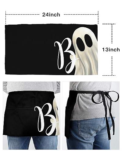 Anzona Halloween Server Aprons with 3 Pockets, White Boo Ghost Classic Black Waist Aprons for Women Men, Waitress Waiter Half Apron for Kitchen Chef Cooking