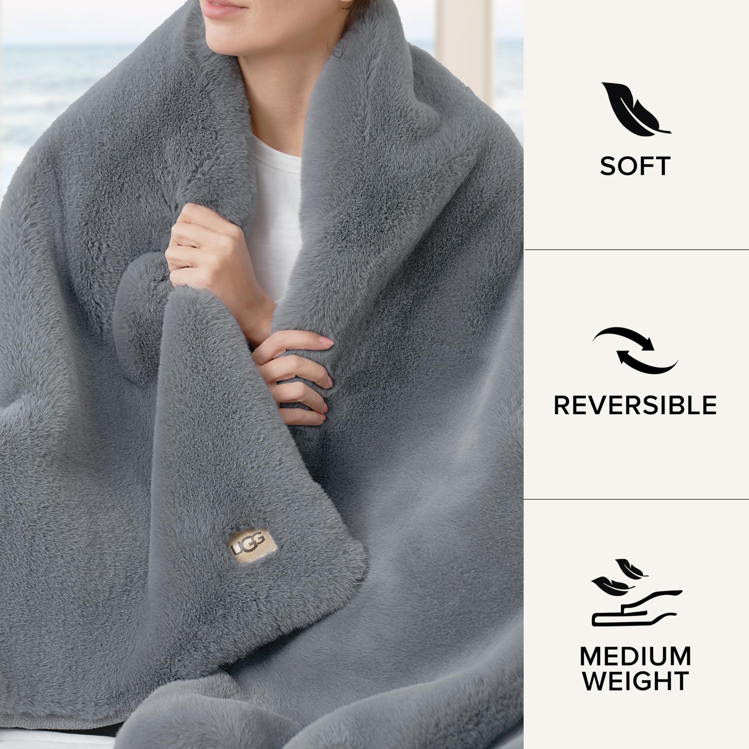 UGG UGG 11069 Euphoria Plush Faux Fur Reversible Throw Cozy Fuzzy Fluffy Blanket for Couch Bed Hotel Style Luxury Machine Washable Home Decor Luxurious Soft Throws for Sofa, 70 x 50-Inch, Chambray