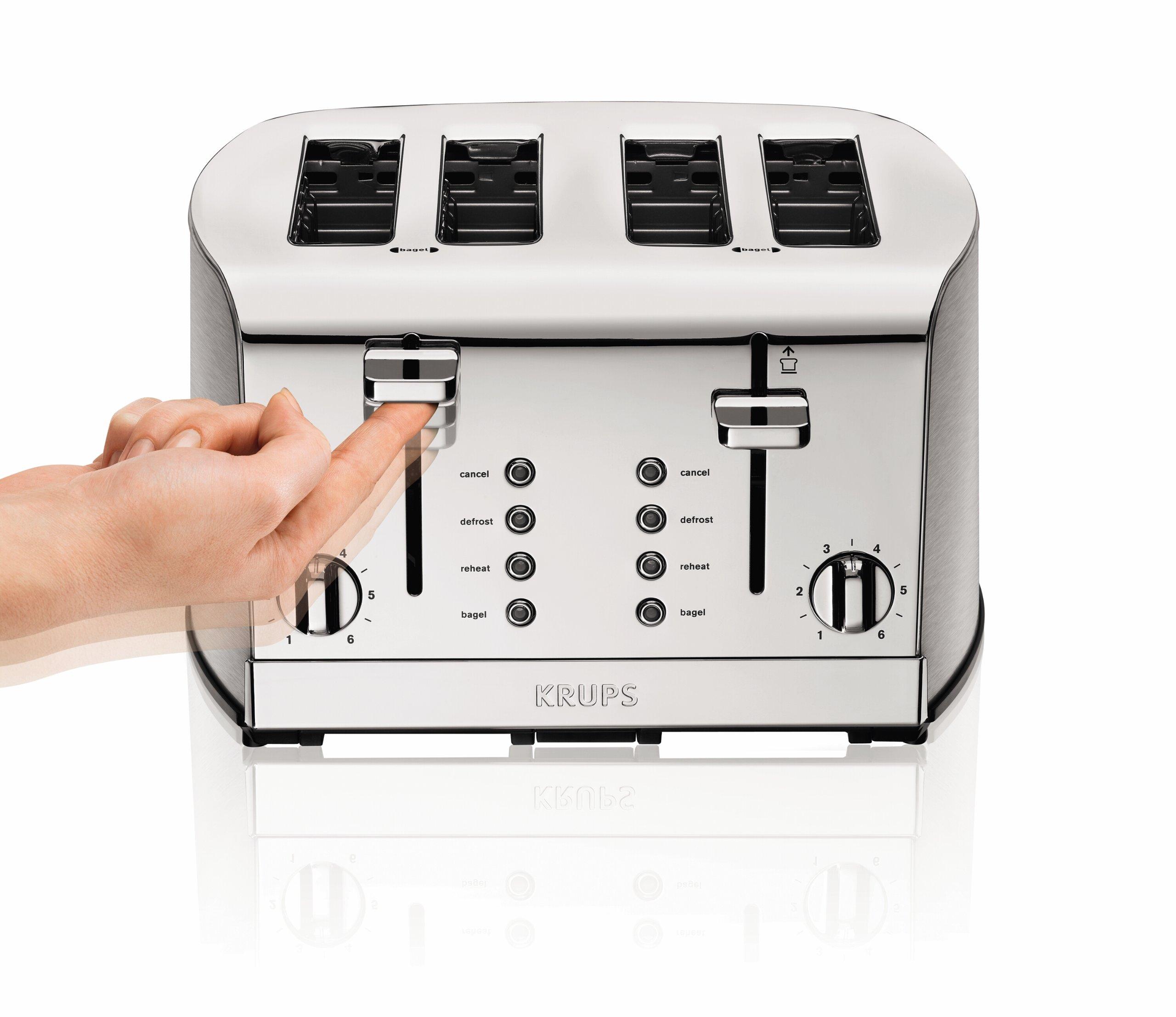 KRUPS Krups Breakfast Set Stainless Steel Toaster 4 Slice 1500 Watts 6 Brown Settings, Defrost, Reheat, High Lift Lever Silver, Matte and Chrome
