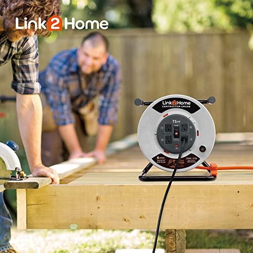 Link2Home Link2Home Contractor Grade Retractable Extension Cord Reel 75 Ft. With 4 Outlets & Heavy Duty/High Visibility 3-Prong SJTW Cord