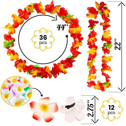 Massmain Hawaiian Flowers Leis Tropical Necklace - 36 Luau Garland 36 Umbrella Straws 12 Flower Hair Clips