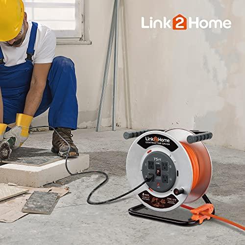 Link2Home Link2Home Contractor Grade Retractable Extension Cord Reel 75 Ft. With 4 Outlets & Heavy Duty/High Visibility 3-Prong SJTW Cord