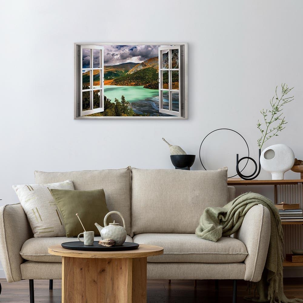 artgeist artgeist Canvas Wall Art Print Window View 24x16 in - 1pcs Home Decor Framed Stretched Picture Photo Painting Artwork Image - Mountains Nature Landscape c-C-0379-b-a