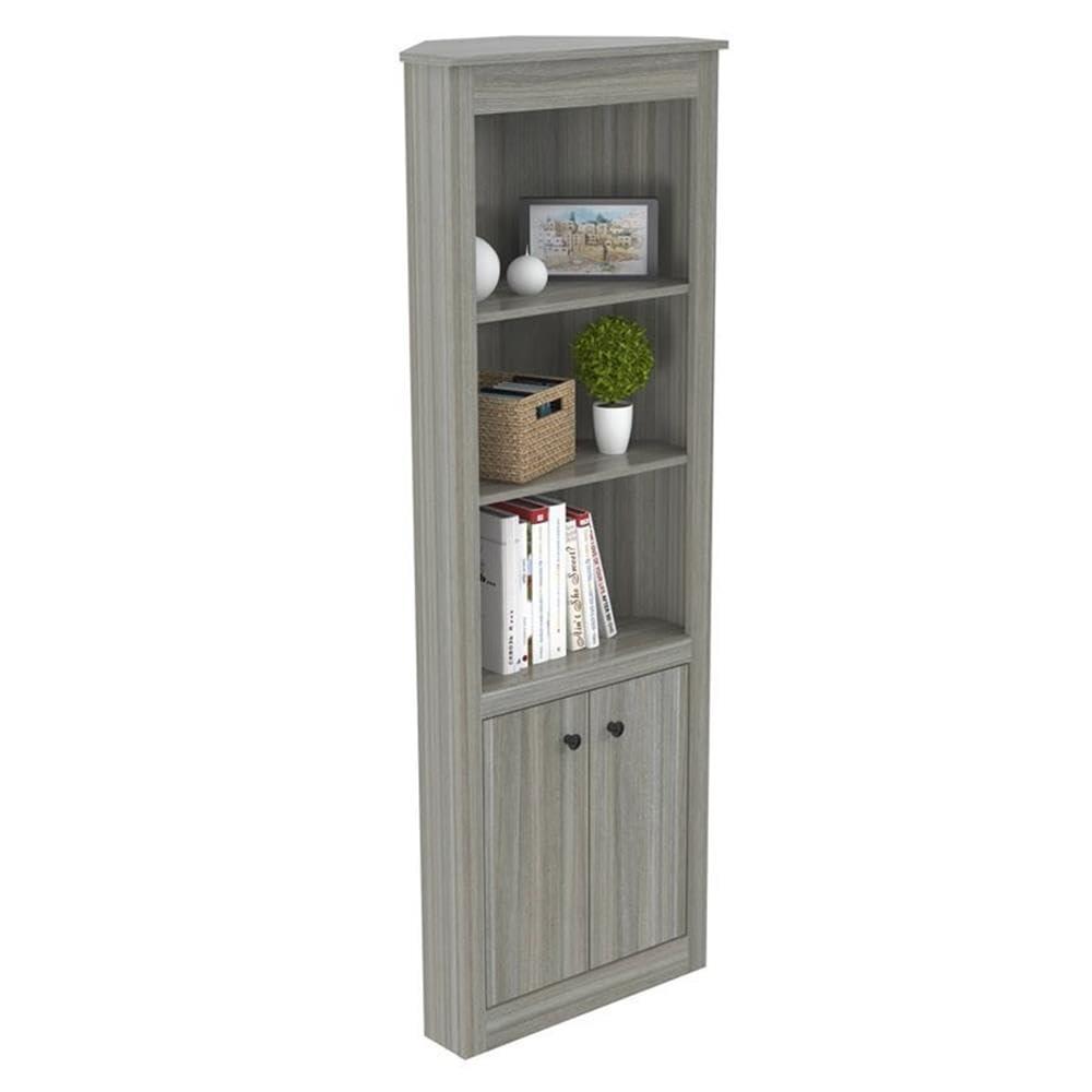 Inval Inval Space-Saving Design, Gray Smoke Oak Corner Bookshelf with 3 Open 2 Concealed Shelves, Modern Wood Bookcase