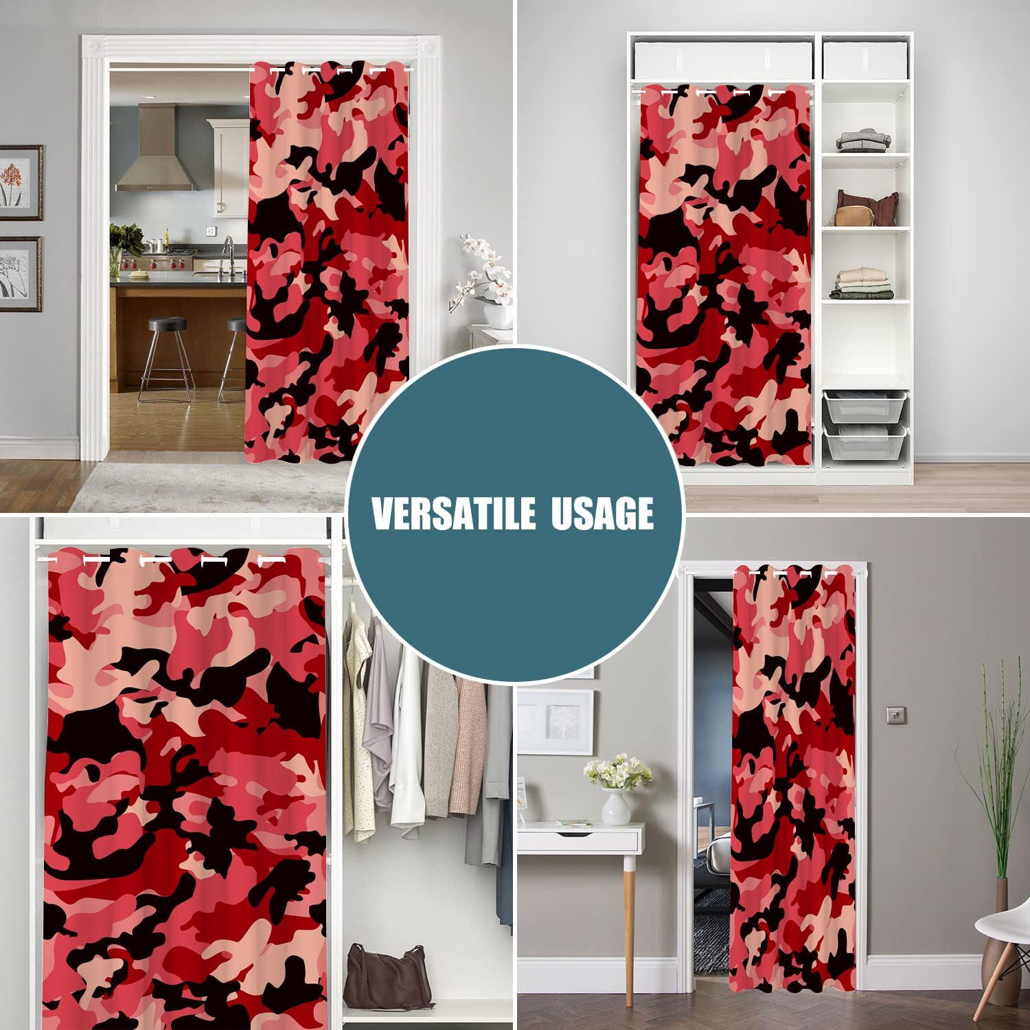 Czrouz Camo Red Door Curtains for Doorways, Abstract Black Pink Hunter Army Camouflage Blackout Curtain for Kids Bedroom Closet, Grommet Thermal Insulated Privacy Door Drapes for Room Divider, 42" W x 80" L