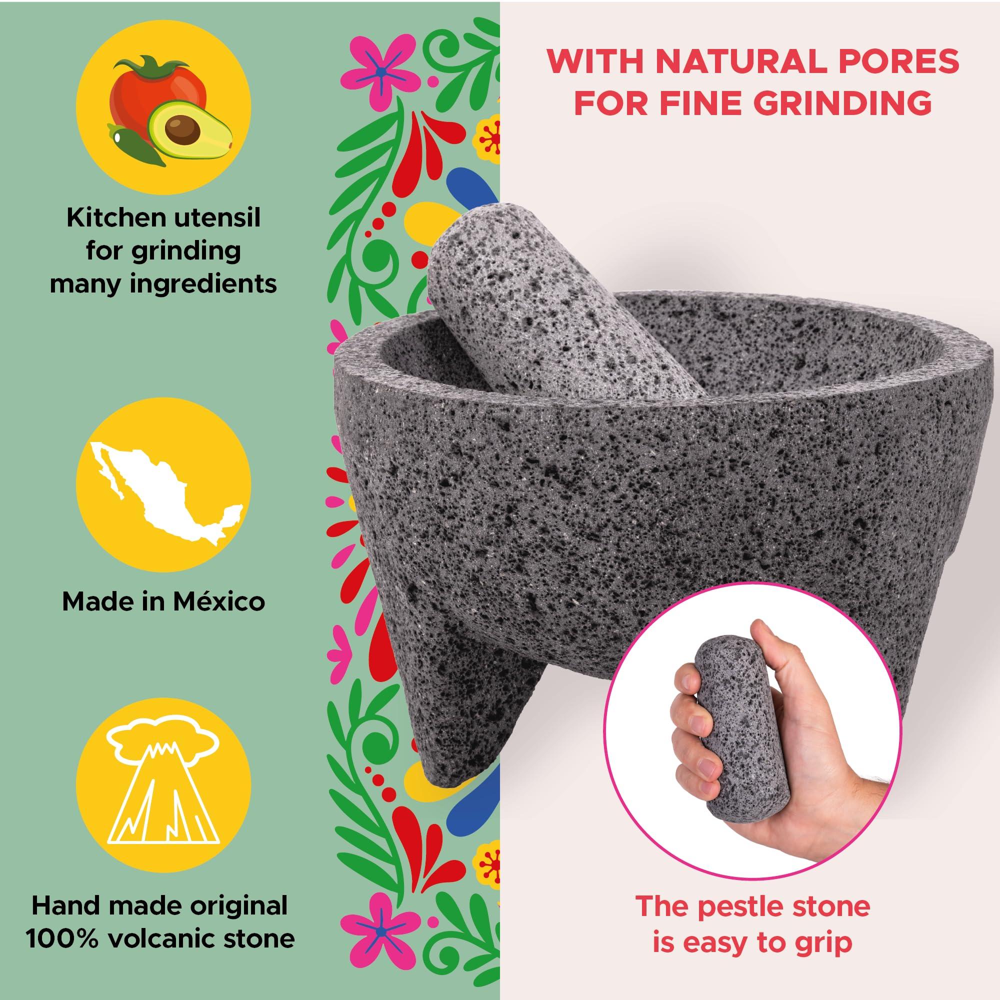 YOPIDO Molcajete 7 in Mexican, Handmade with Natural Volcanic Stone, Artisanal Kitchen Utensil for Grinding with Pores for Crushing, Specially Designed for Grinding Spices, Sauces, and Guacamole