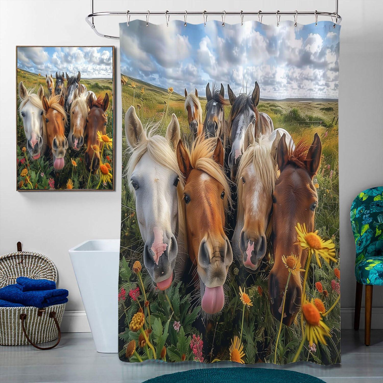 TprklhonE 4 Pcs Smiling Horse Shower Curtain Set with Non-Slip Rugs, Toilet Lid Cover and Bath Mat Wild Brown Horse Wild Animal Bathroom Decor Sets Accessories with 12 Hooks