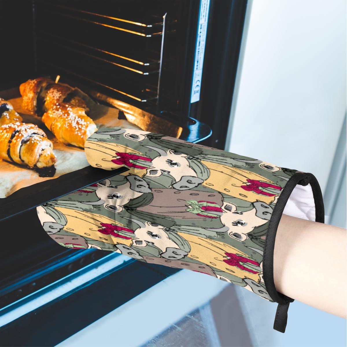 POFATO Gentleman Cow Oven Mitts and Pot Holders Sets Kitchen Oven Mitts Heat Resistant Non-Slip Potholders Oven Gloves and Hot Pads for BBQ Cooking Grilling Baking