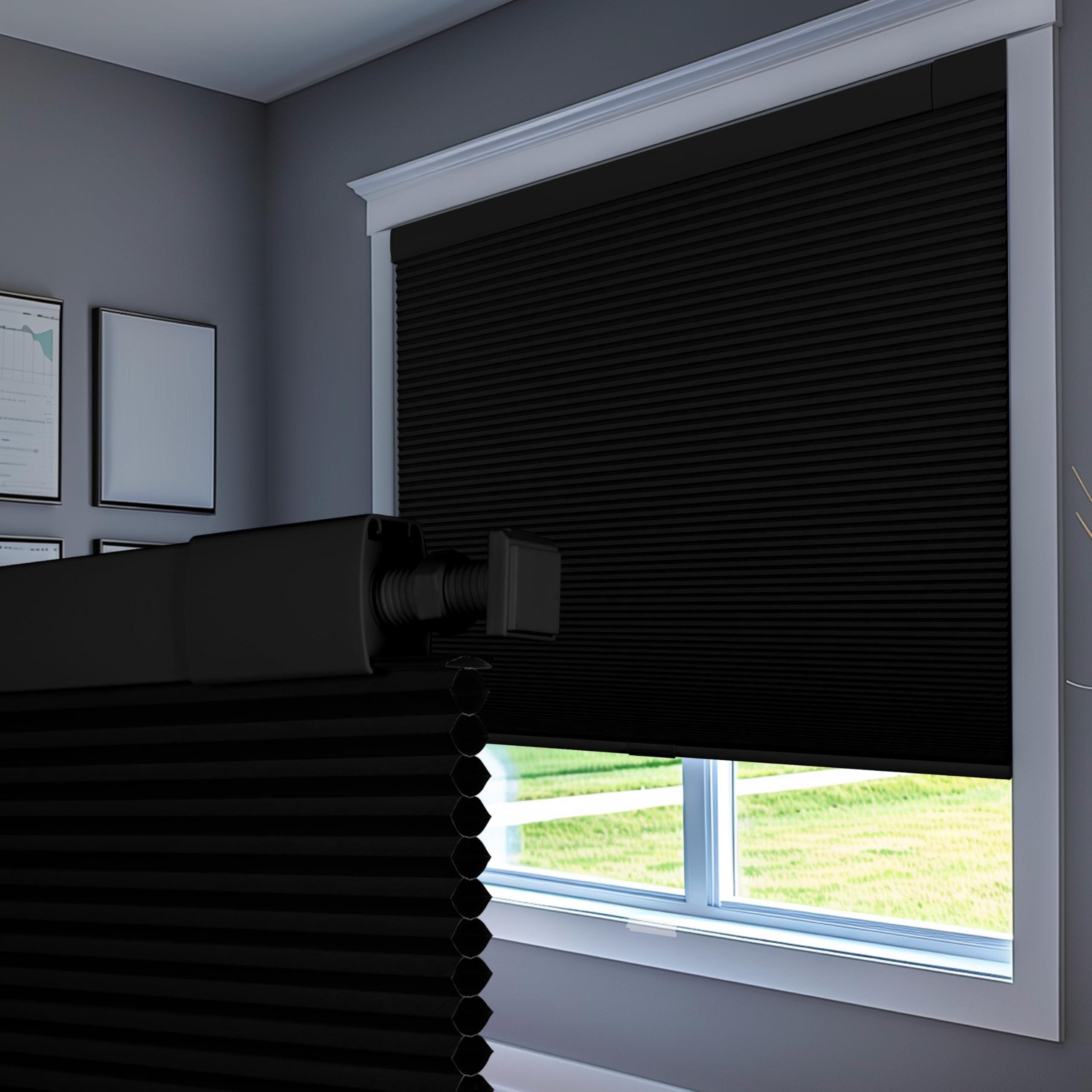 Boolegon Boolegon No Drill Blinds for Windows Blackout Cellular Shades Cordless No Tools Honeycomb Pull Down Blinds Easy Install No Screws Cellular Blinds for Door, Home, Black, 29" W x 78" H