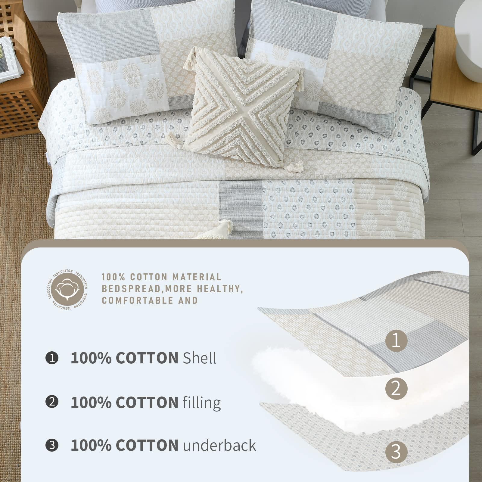 Finlonte Finlonte Quilt Set King Size - 100% Cotton King Comforter Set, Patchwork Bedspread Reversible Lightweight Bedding, Moonbeam Grey White Floral Quilts for King Bed All Season, 3 Pieces