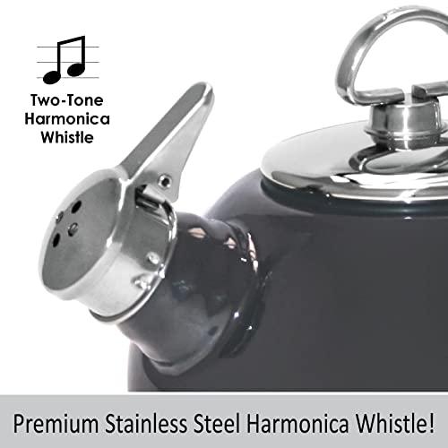Chantal Chantal Classic Teakettle, 1.8 QT, Enamel On Steel, 2-Tone Harmonica Whistle, Rapid Boil and Even Heating (Onyx)
