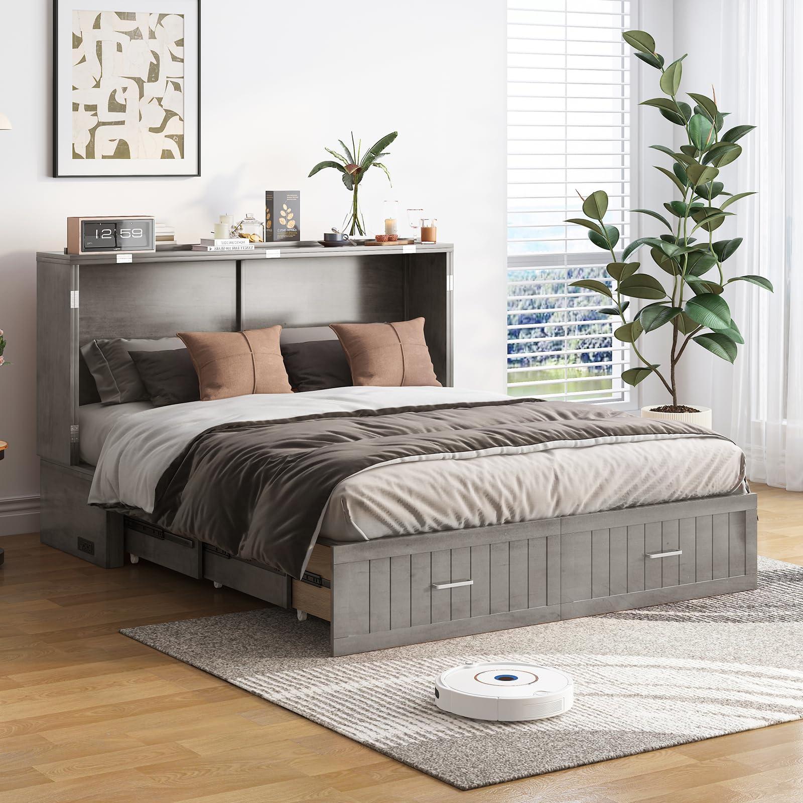 BALUS BALUS 64\" W Murphy Bed Cabinet with Mattress,Murphy Bed Queen,Modern Muti-Functional Cube Cabinet Bed 2 Large Drawers&3 Level Folding Foam Mattress for Living Room/Apartment/Loft (Stone Grey)