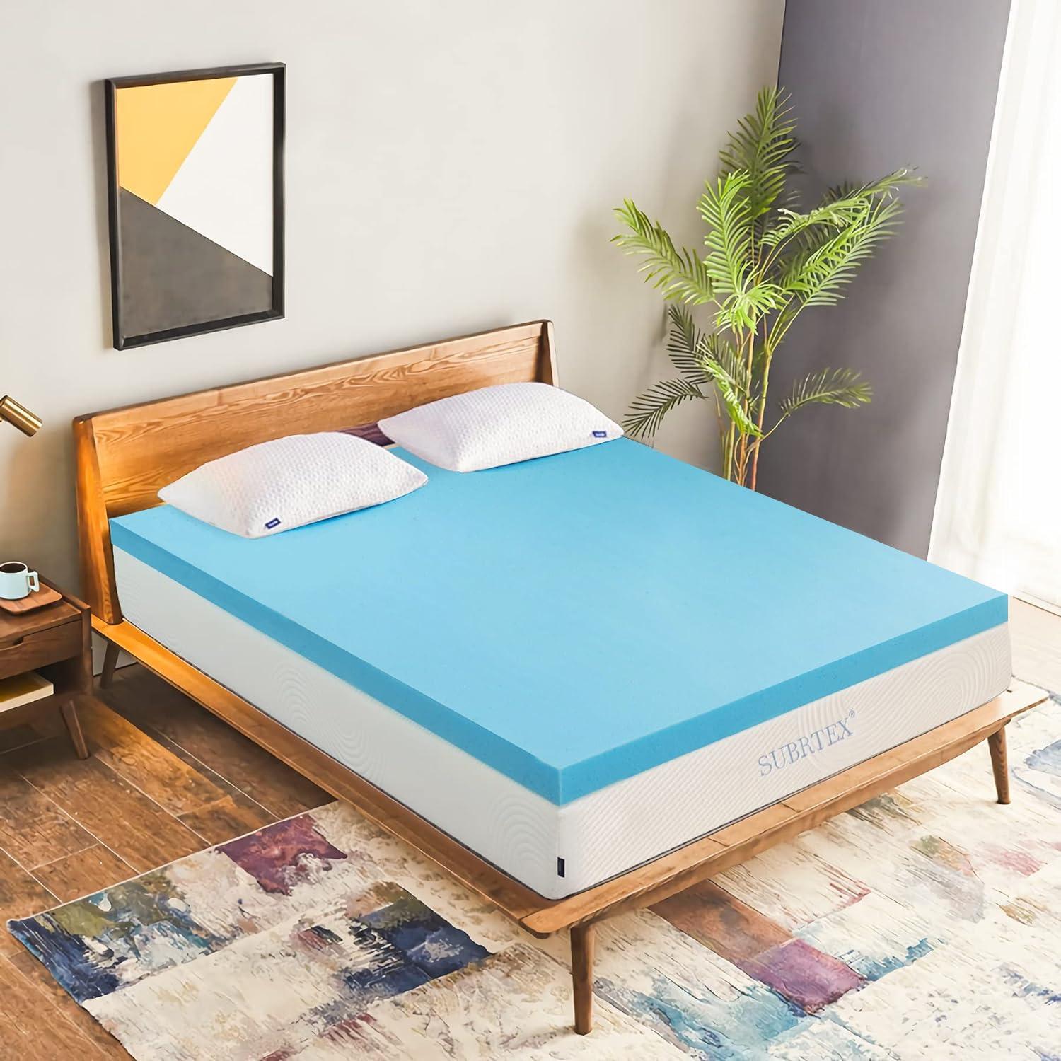 SUBRTEX Subrtex 4 Inch Memory Foam Mattress Topper Mattress Pad Ventilated Gel Infused Bed Foam Topper for Pressure Relieving, CertiPUR-US Certified, Queen, Blue