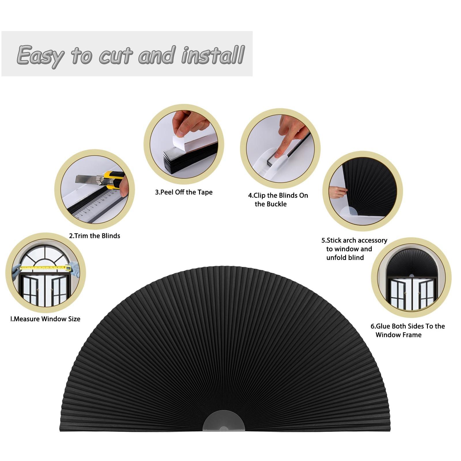 ChYoung Arch Window Shade Blackout, Stick on Cellular Shades Cordless No Drill Honeycomb Blinds, Thermal Insulated UV Protection Fabric Half Circle Window Coverings Room Darkening Shades (Black, 48"W x 24"H)