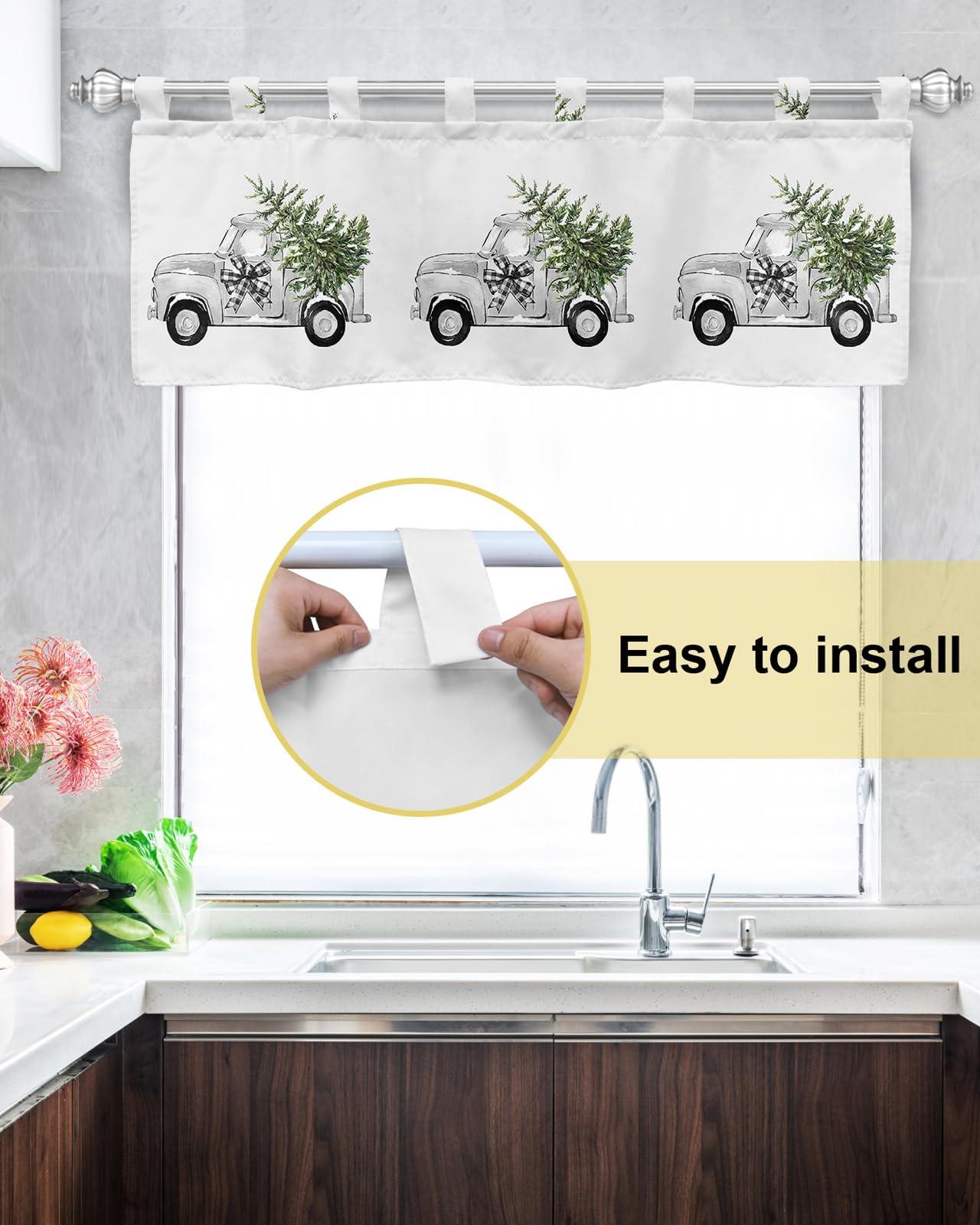 ZOE GARDEN Christmas Tab Top Valances for Windows, Short Window Treatment Vanlance Curtains & Drapes for Kitchen Living Room Bathroom Bedroom Cafe Classic Old World Car Xmas Green Pine Tree 54\'\' x 18\'\'