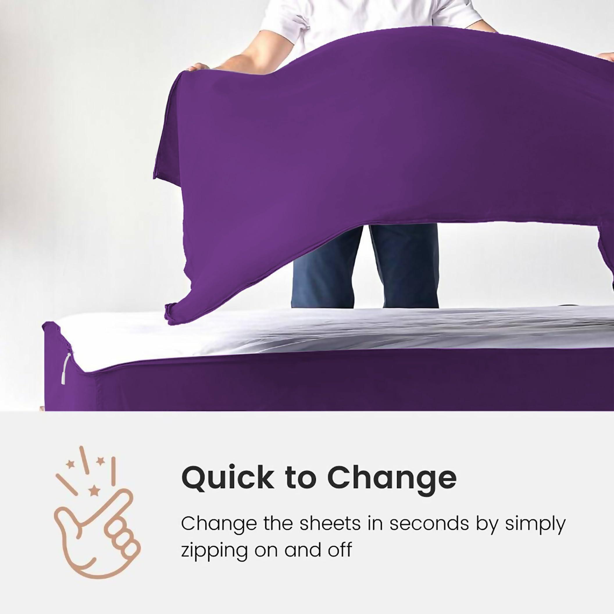 PURE ECO Zipper Fitted Sheet - includes 1 Fitted Sheet Base & 2 Zip-On Sheets - UPTO 16 in. Deep Pockets Queen Size Zipper Fitted Sheet - Easy to Change, Sateen Cotton 600 TC Fitted Sheet - Purple
