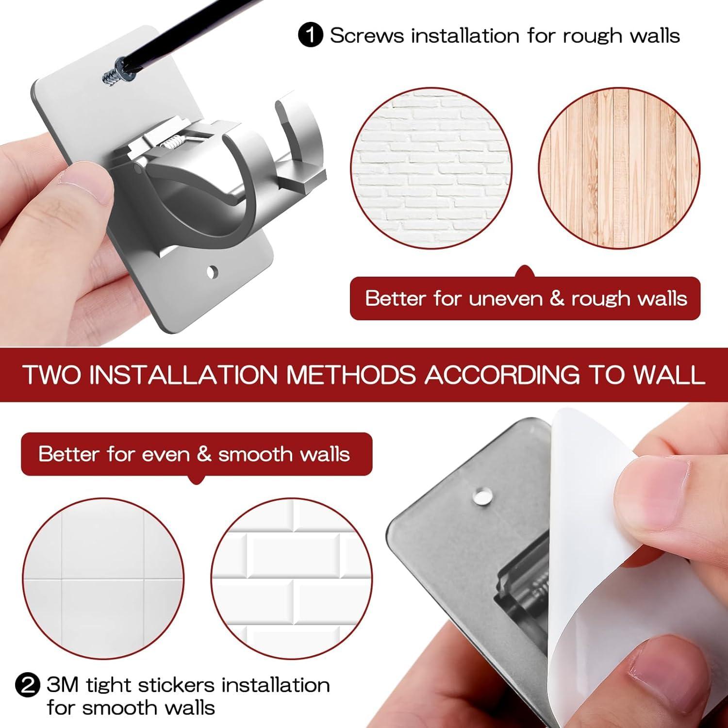 Wabboreq 6PCS No Drill Curtain Brackets, Self-Adhesive Rod Holders, Universal Plastic Nail Free Adjustable, Curtain Hooks for Rods Less Than 1.57 Inch Diameter (Sliver)