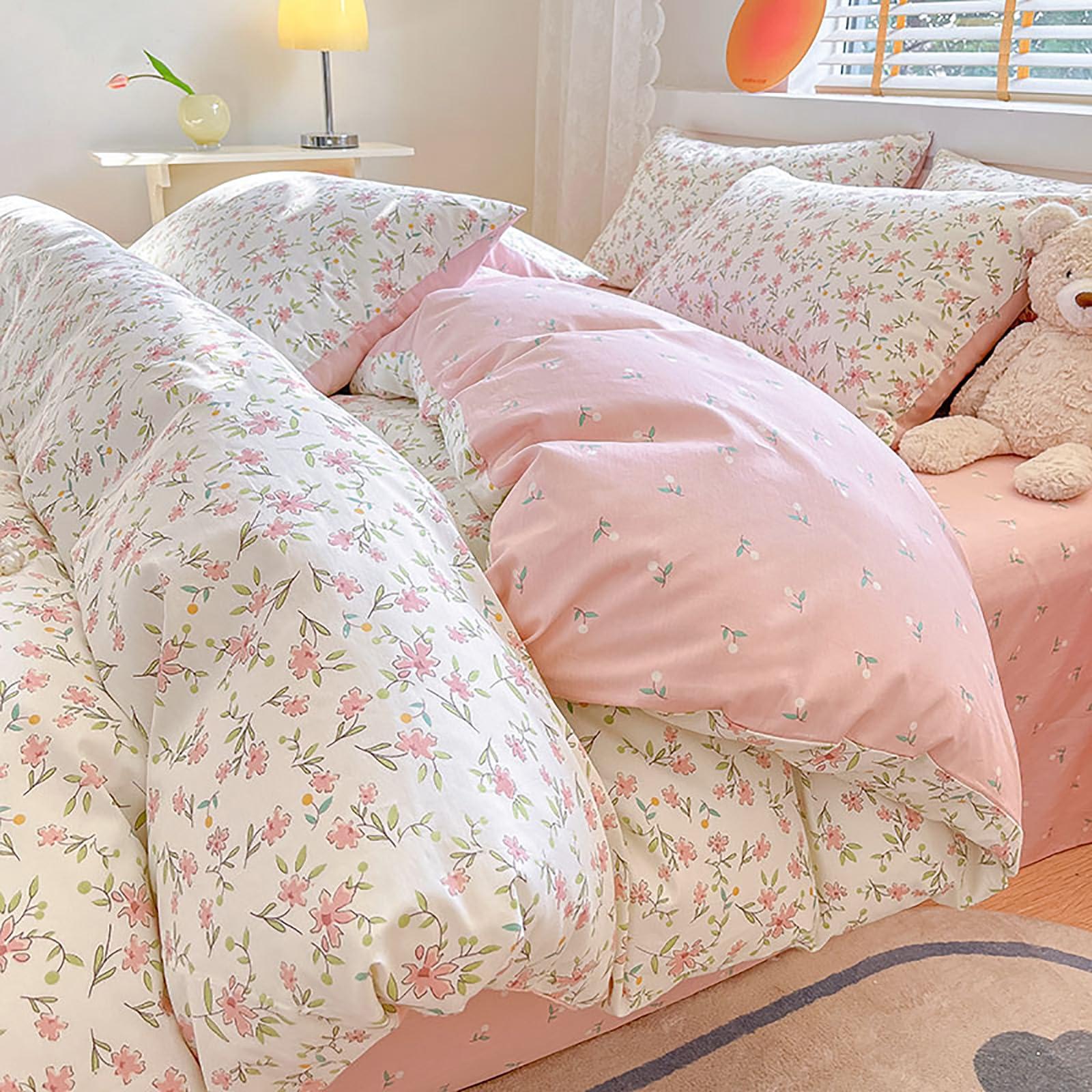 EAVD EAVD Vintage Style Garden Pink Floral Duvet Cover Queen White Soft 100% Cotton Small Cute Floral Bedding Set with 2 Pillowcases Chic Shabby Floral Botanical Duvet Cover with Zipper Closure