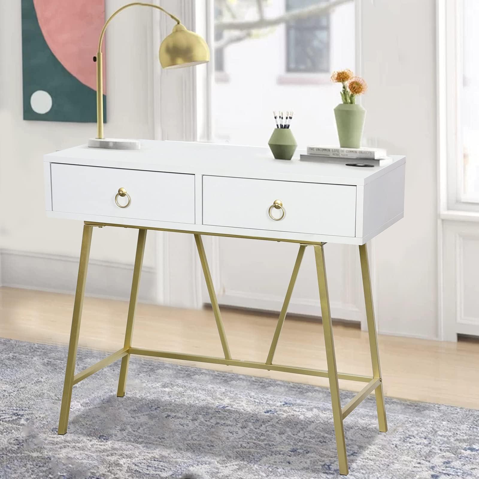 BOBONI BOBONI Simple Steel and Wood Office Desk Furniture, Makeup Desk, Computer Desk with 2 Drawers, White and Gold Tables