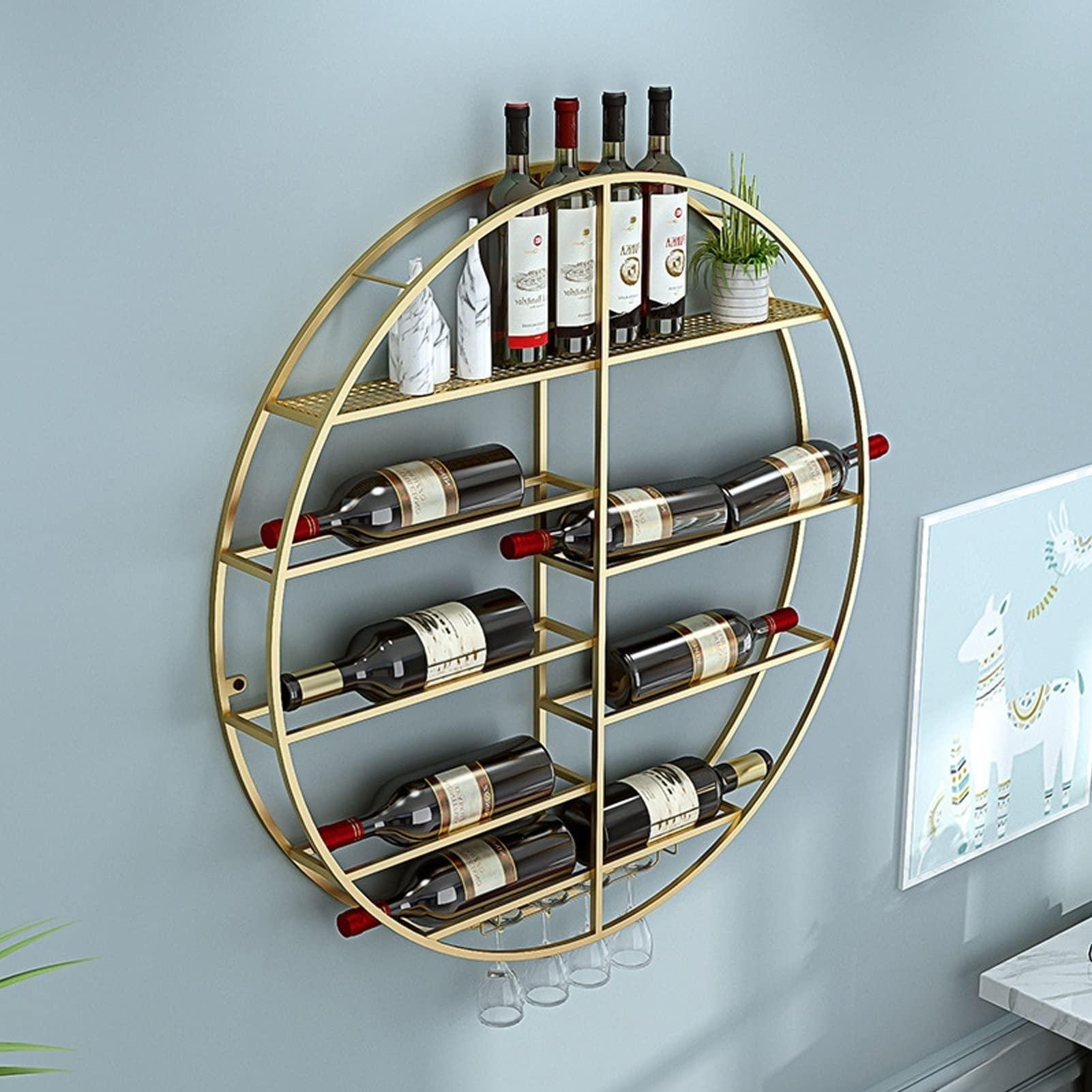 LEAYAN LEAYAN Wine Rack Modern Wine Racks, Round Wall Mounted Wine Shelf Golden Wine Bottle and Glass Holder Metal Wine Holder Goblet Stemware Rack, Bar Wine Cellar Display Shelves/70X11X70cm Storage Shelf