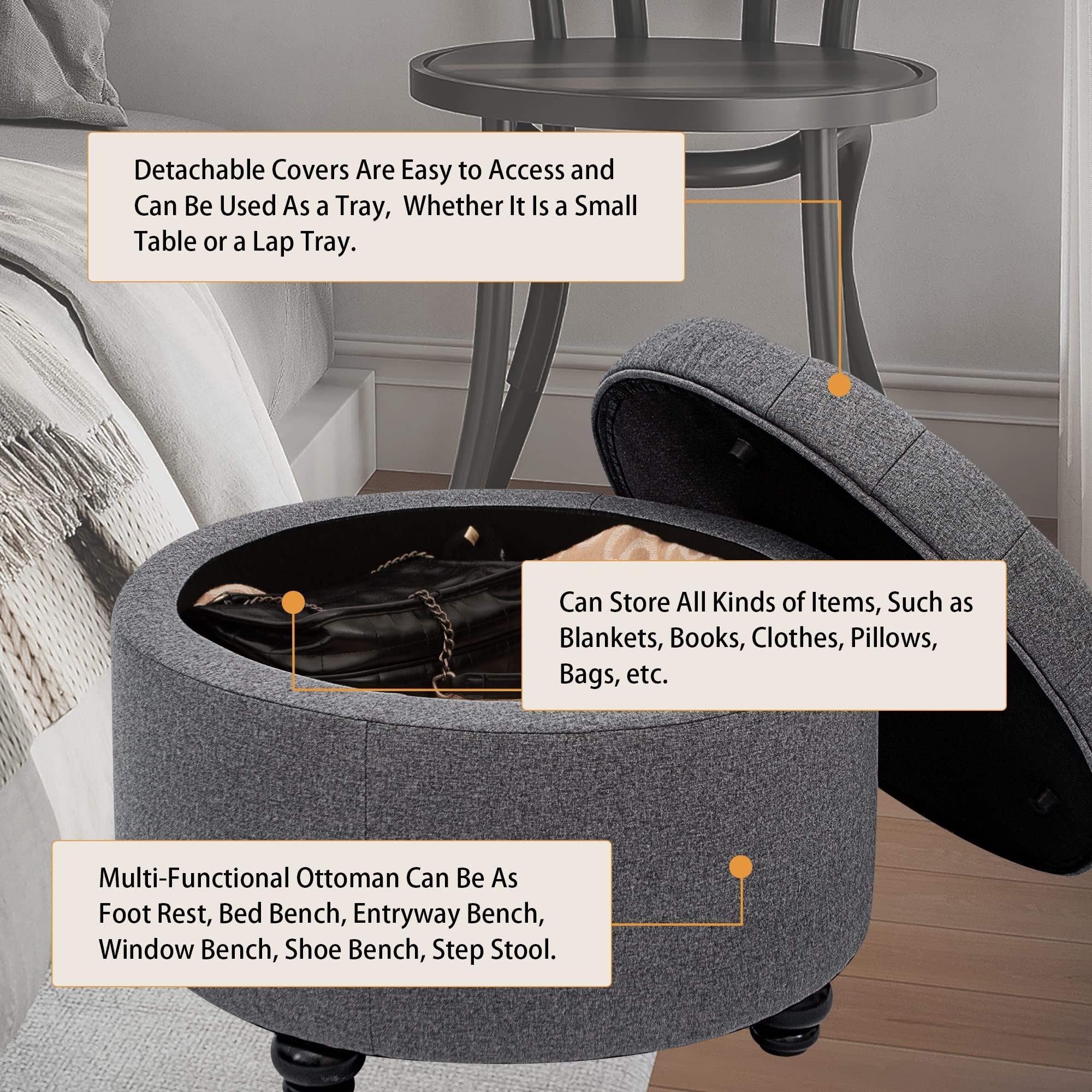 CangLong CangLong Large Button Tufted Fabric Round Storage Ottoman with Storage for Living Room & Bedroom,Dark Grey