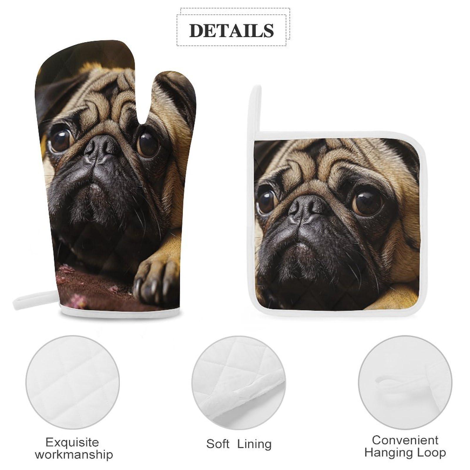 LZQPOEAS Oven Mitts and Pot Holders 3 Pcs Set Oven Glove Cry Pug Oven Mitt Heat Resistant Kitchen Oven Gloves for Cooking Hot Pads Non-Slip Cooking Gloves for Baking Kitchen Hot Pads for Grilling Microwave
