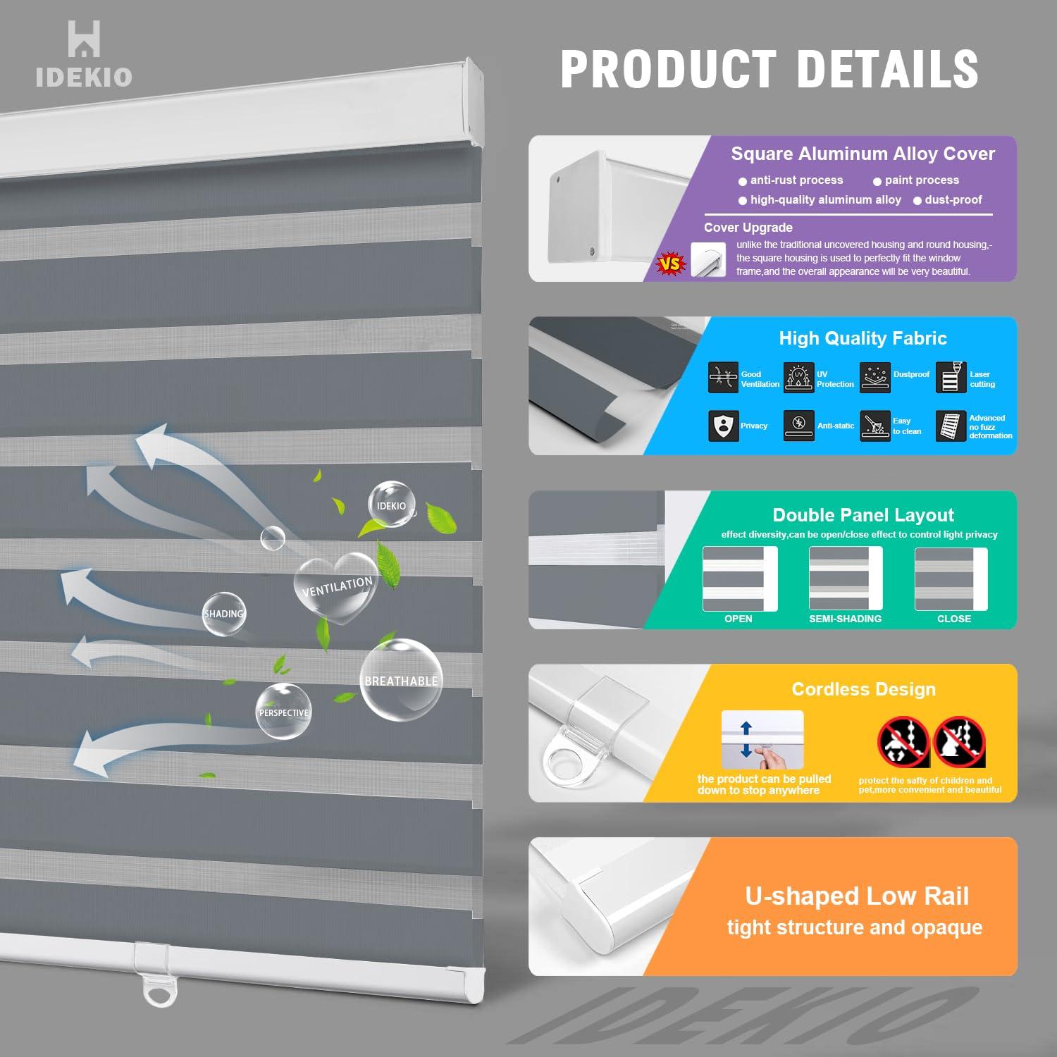 IDEKIO Zebra Blinds for Windows,Custom Size Cordless Zebra Roller Window Blinds, Dual Layer Blackout Roller Shades,Day and Night Blinds for Door,Office,Grey,53 3/4" W x [20" H to 98" H Customize]