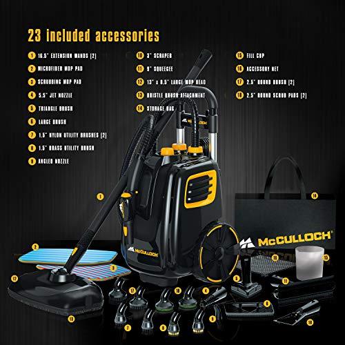 McCULLOCH McCulloch MC1385 Deluxe Canister Steam Cleaner with 23 Accessories, Chemical-Free Pressurized Cleaning for Most Floors, Counters, Appliances, Windows, Autos, and More, 1-(Pack), Black
