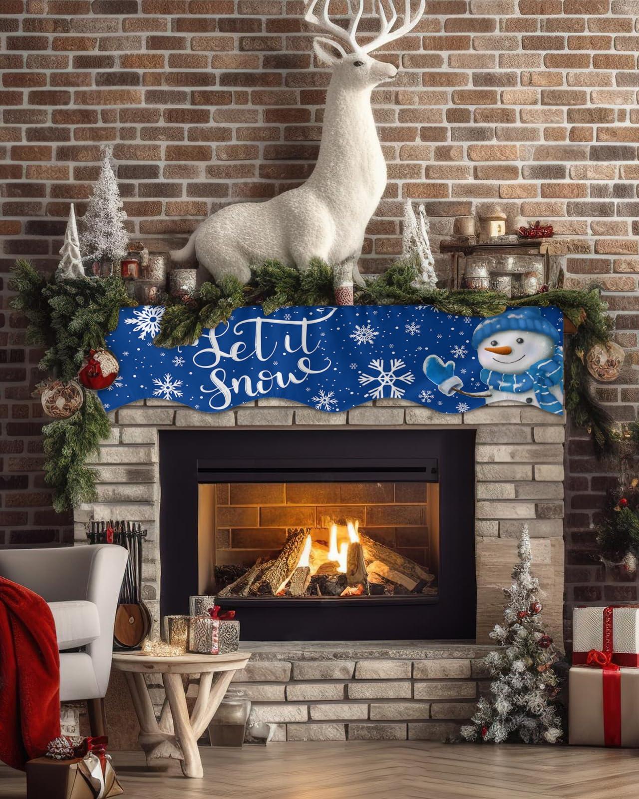 Falaniique Blue Christmas Fireplace Mantel Scarf Cover, Mantel Shelf Top Scarf Runner for Christmas Halloween Thanksgiving Fall Indoor Decorations Winter Snowflake Snowman 70\'\' L x 17\'\' W