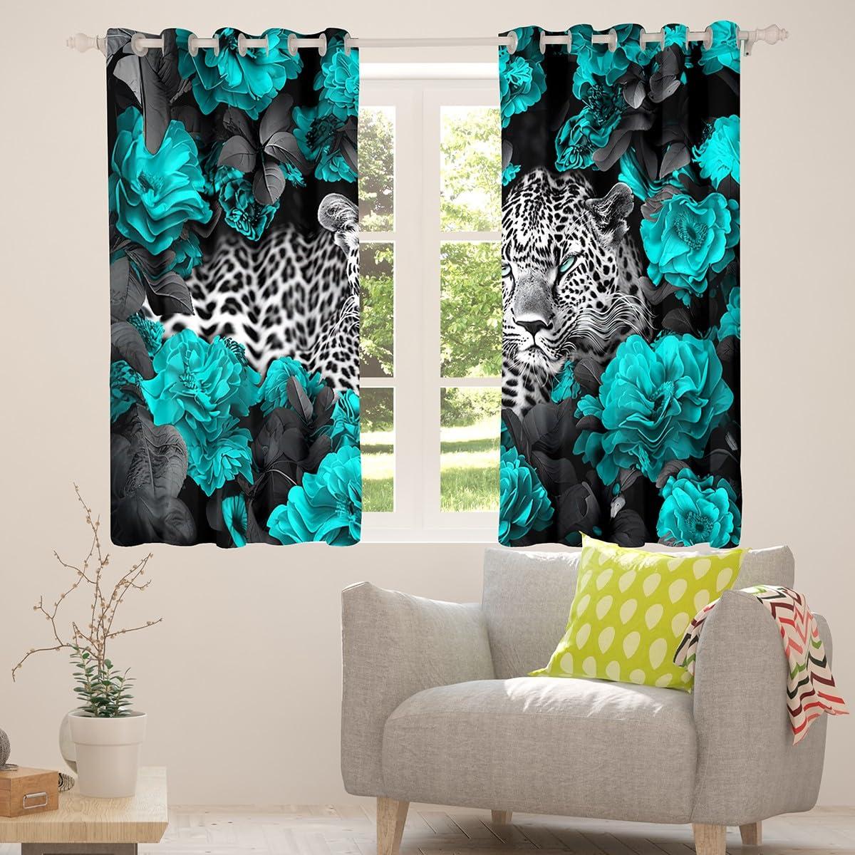 Erosebridal 3D Cheetah Curtains Teal Rose Leopard Print Curtains & Drapes,Botanical Floral Blackout Curtains African Safari Animals Window Curtains Big Cat Wildlife Fur Hair Skin Wild Animal Room Decor 84"X84"