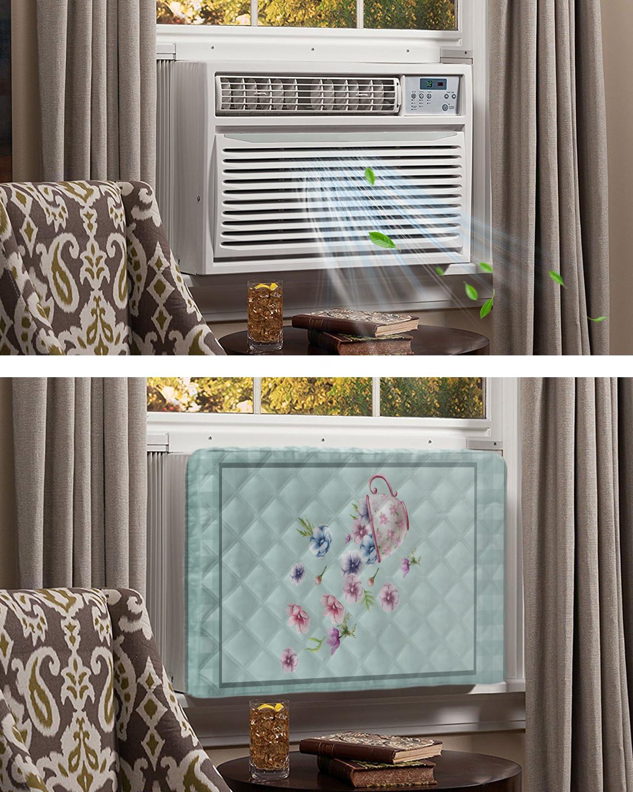 T&H XHome Indoor Air Conditioner Cover - Beautiful Dreamy Flower Cup SplashINg Cyan Buffalo Check Plaid Double Waterproof Adjustable Inside WINdow AC Unit Cover Parts with Free Elastic Straps, 21x15x3.5IN