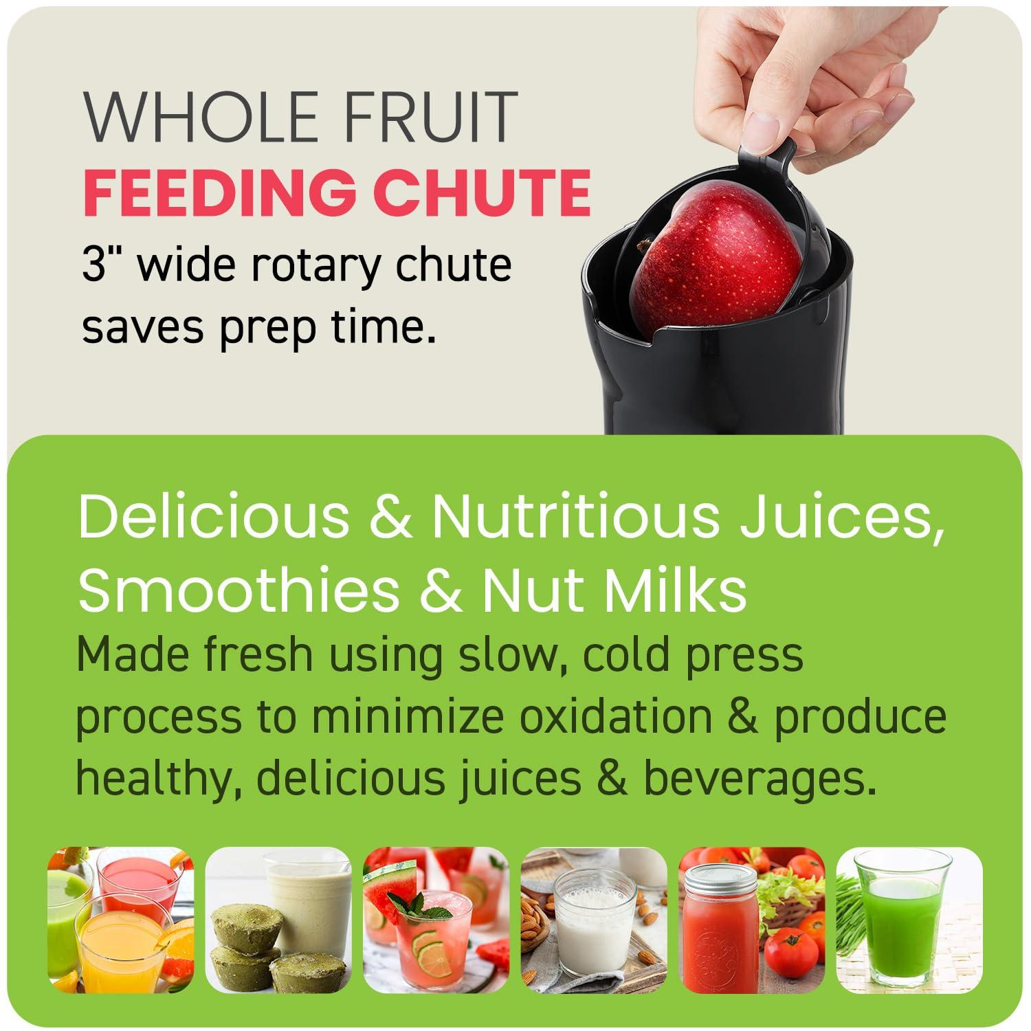 Elite Gourmet Elite Gourmet EJX017 Whole Fruit 3 Feeding Chute, Dynamic Masticating Slow Juicer, High Yield Cold Press Juice Extractor, Nutrient and Vitamin Dense, Easy to Clean, 27 oz Juice Cup, Black