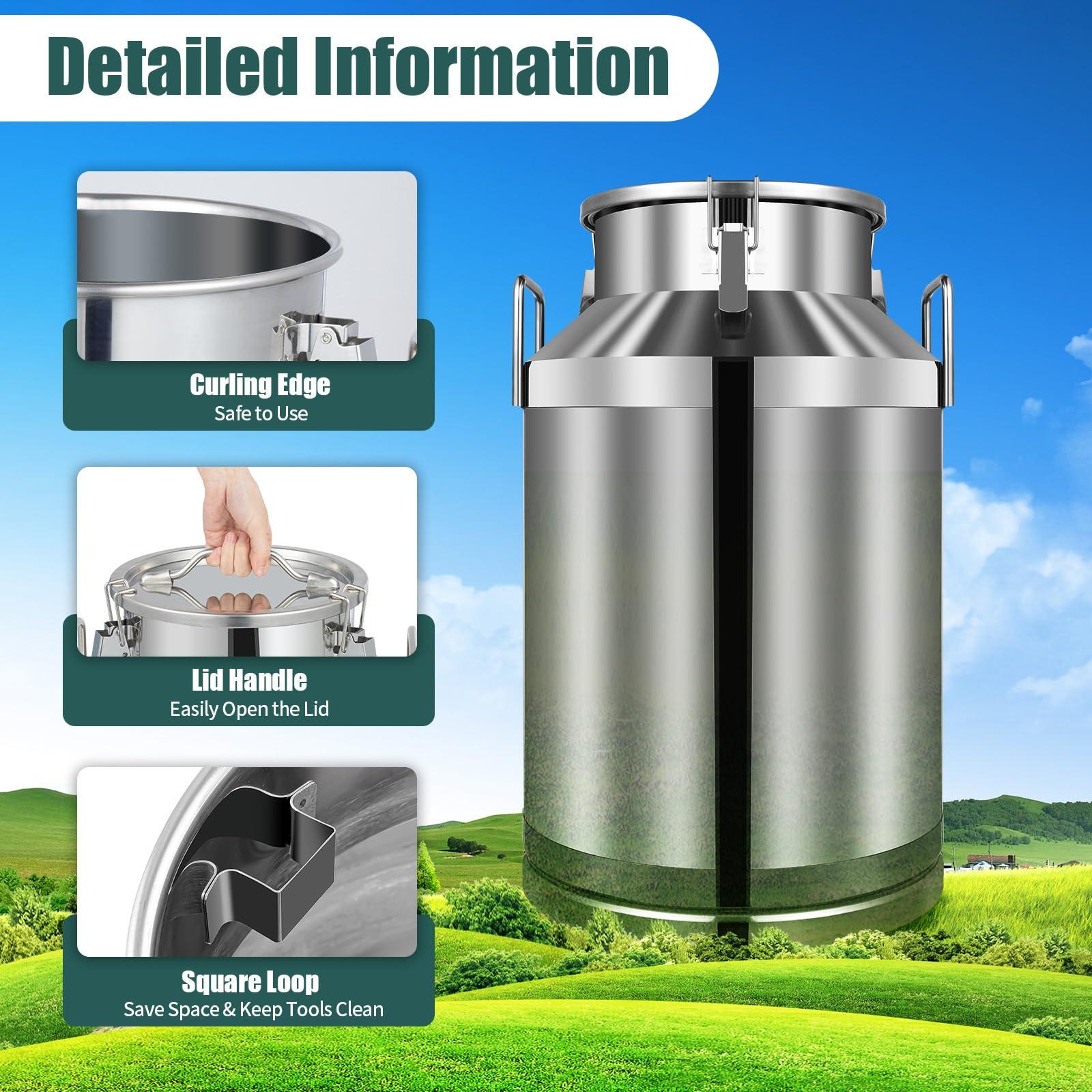 HinLIaDa HinLIaDa 60 Liter 16 Gallon Stainless Steel Milk Can, Maple Syrup Transport Cans Wine Pail Milk Transport Barrels Pail Milk Bucket Jug Oil Barrel Wine Barrel Canister Silicone Seal Barrels (60L)