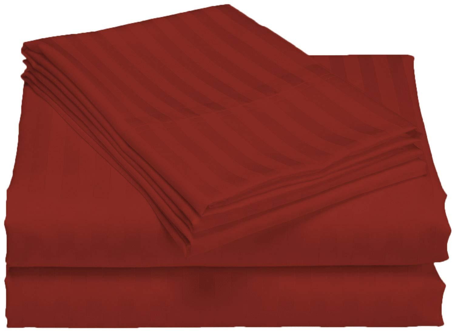 Egyptian Home Linen Stripe 25\" Deep Pocket Sheet Set 4 Piece Set 600TC Egyptian Cotton (Burgundy, Olympic Queen)