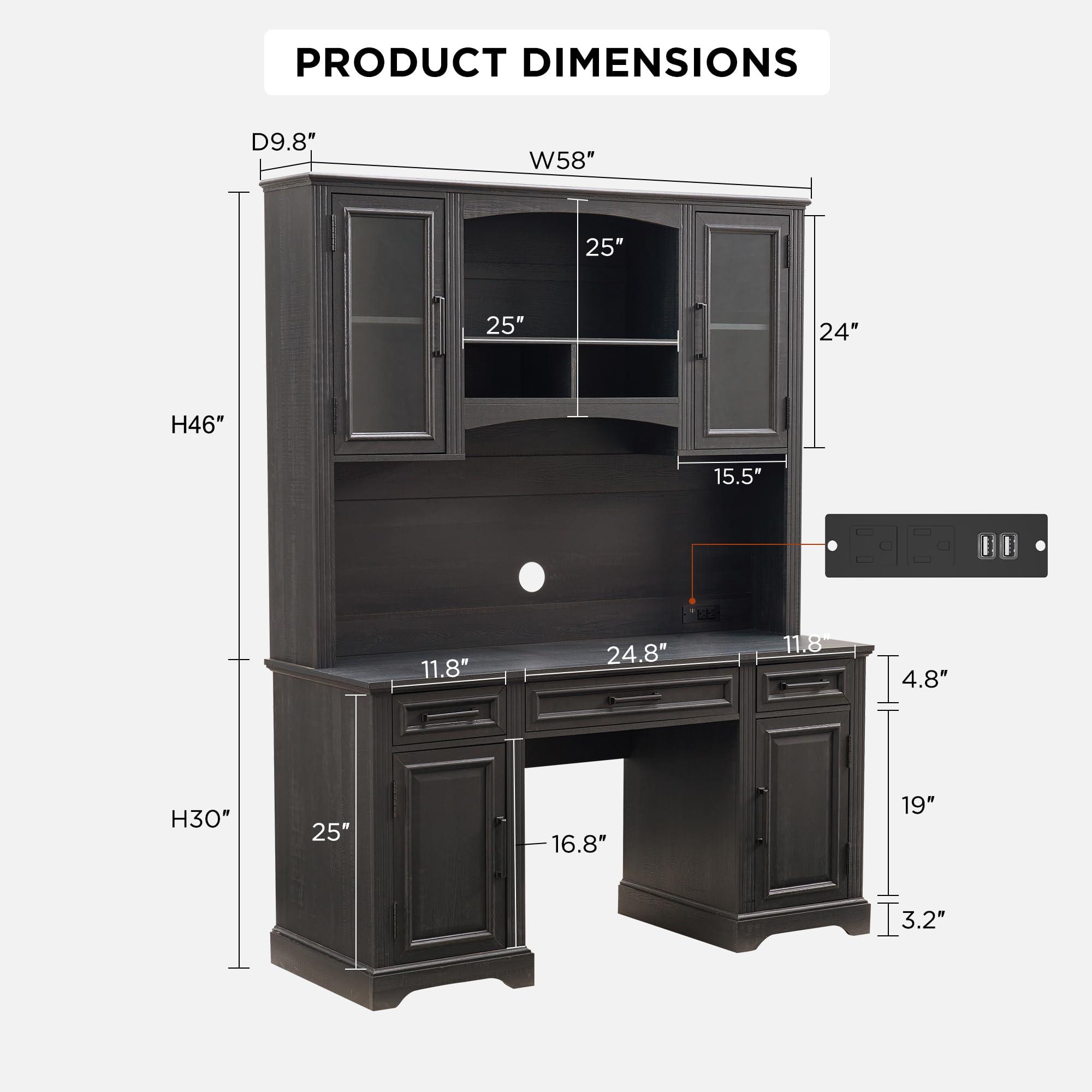 JXQTLINGMU JXQTLINGMU Farmhouse 76" Height Computer Desk with Hutch, Office Desk with Charging Station, Drawers and Storage Cabinet, Workstation for Office Home, Black