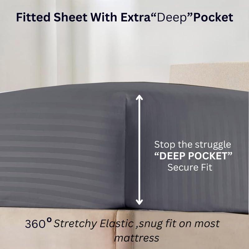 NON Sticky cotton Split King Bed Sheets 5 Pieces 400 Thread Count 100% Egyptian Cotton Sheets for Split King Adjustable Bed 18 Inch Deep Pocket Split King Sheets Sets for Adjustable Beds Dark Grey Stripe