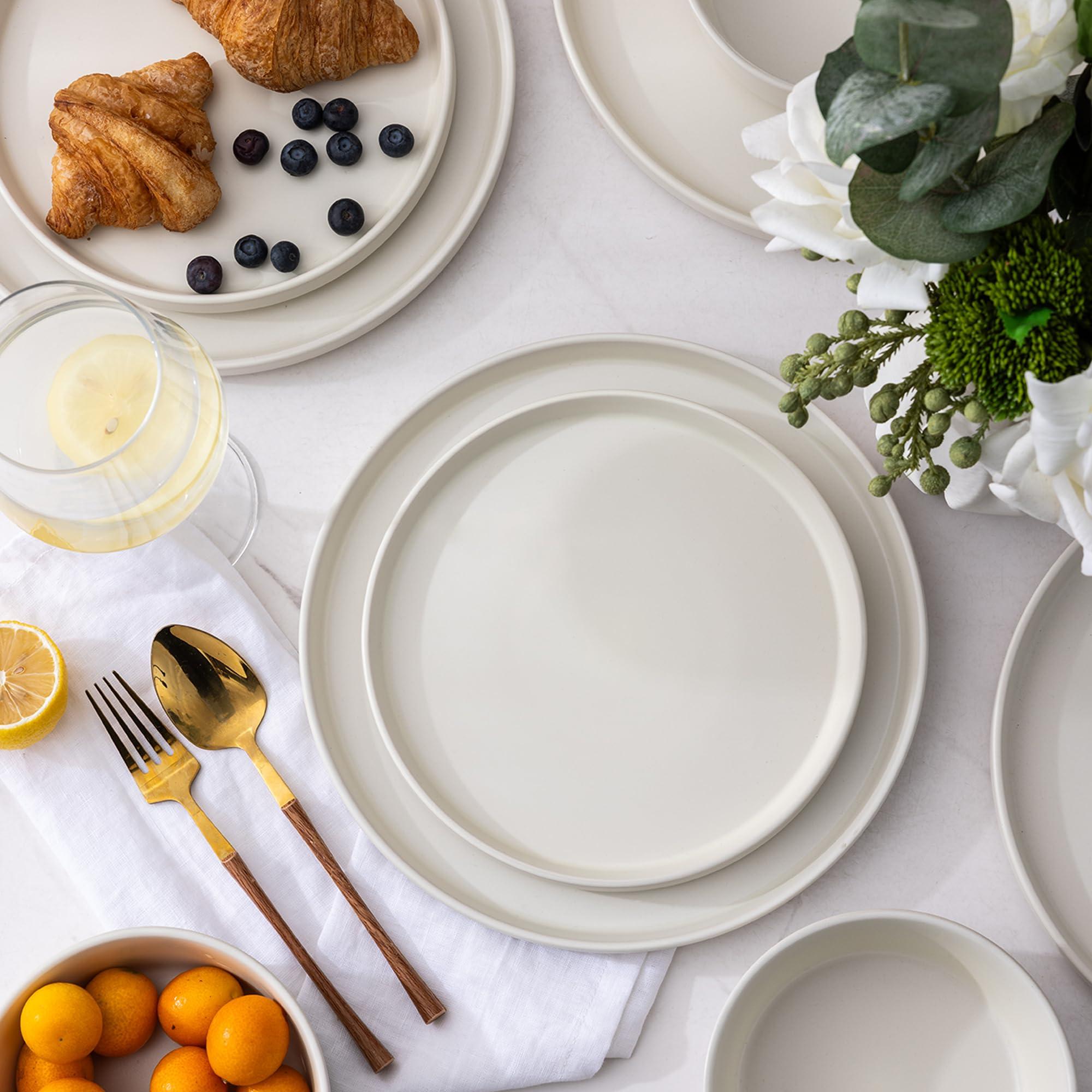 AmorArc AmorArc Ceramic Dinnerware Sets of 4, Modern Flat Stoneware Plates and Bowls Sets,Chip and Crack Resistant | Dishwasher & Microwave Safe Dishes Set,Scratch Resistant- Service for 4 (12pc)-Matte Cream