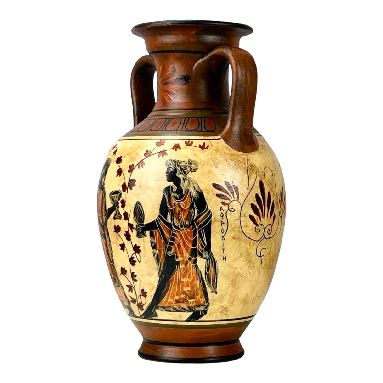greekartshop Ancient Greek Vase Amphora Goddess Athena & Aphrodite & God Dionysus 10.24\'\' Handmade Ceramic Red & Orange Round Vase