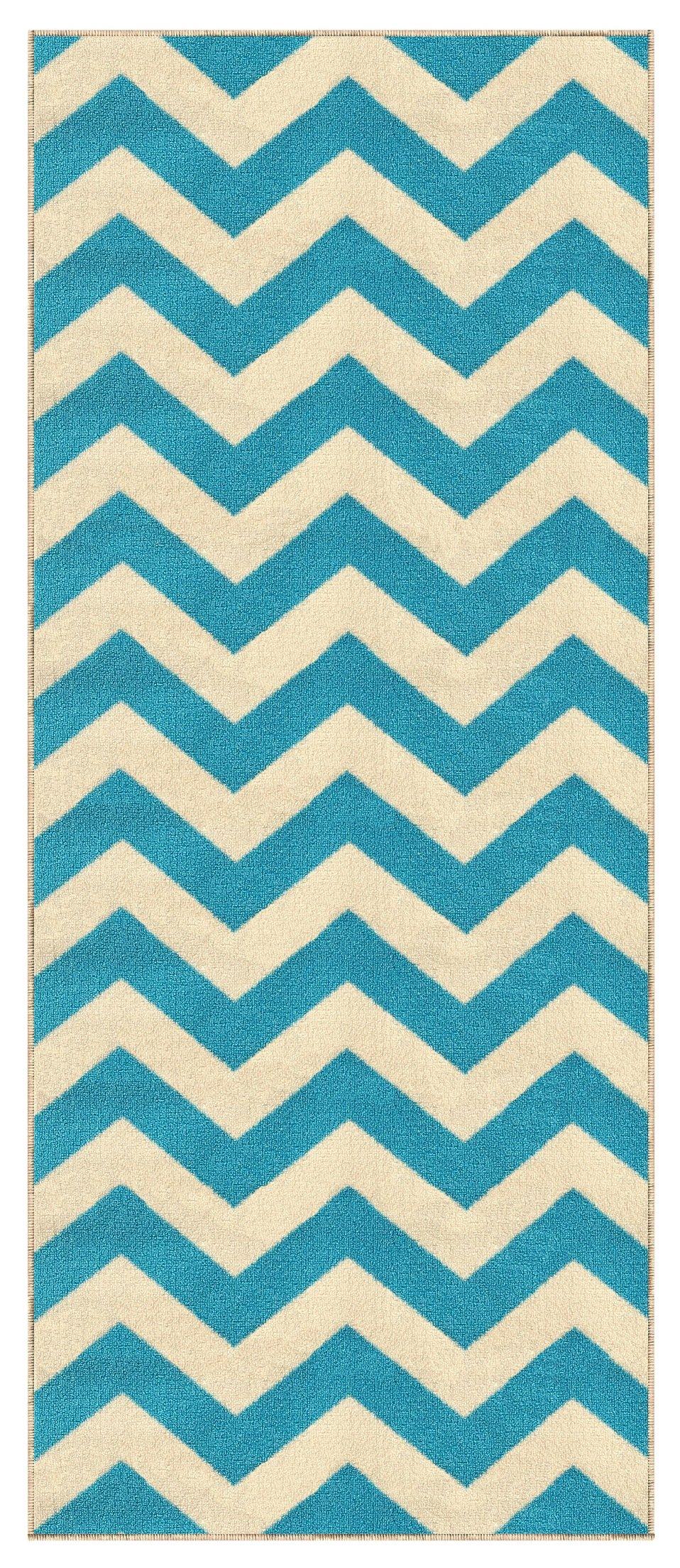 Kapaqua Custom Size Blue Chevron Zig Zag Rubber Backed Non-Slip Hallway Stair Runner Rug Carpet 31 inch Wide Choose Your Length 31in X 26ft