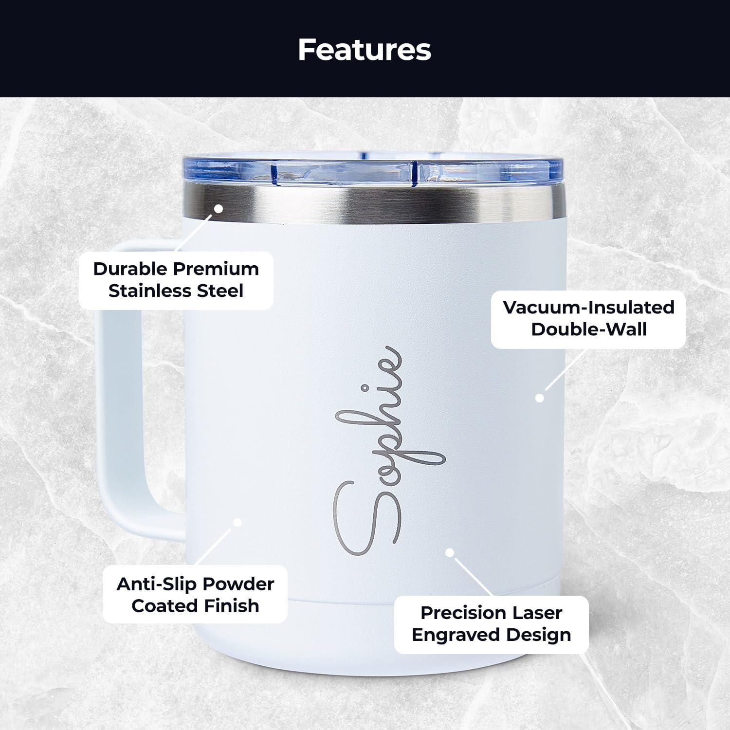 GAM CREATIVE GAM Personalized Insulated Coffee Mug - Laser Engraved - 10 oz Coffee Mug - Stainless Steel Customizable Tumbler with Handle Birthday Monogram Coffee Mug with Name, Custom Gift for Bridal Party, White