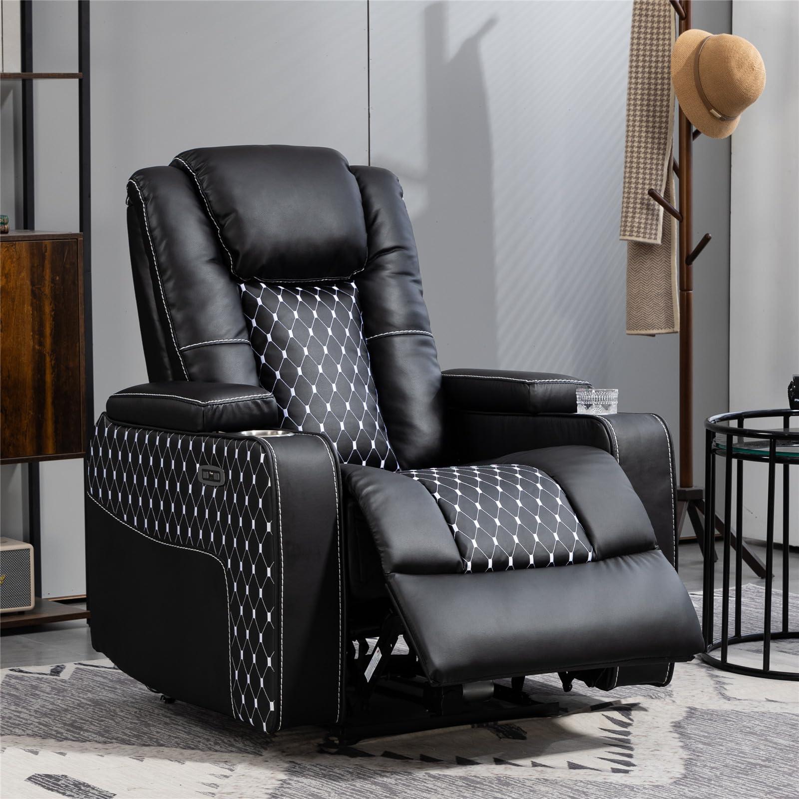LITVZ Home Theater Seating Recliner with Hidden Arm Storage, Faux Leather Power Recliner Movie & Media Room Chairs with USB Ports and Cup Holders for Lazy Boy Adults