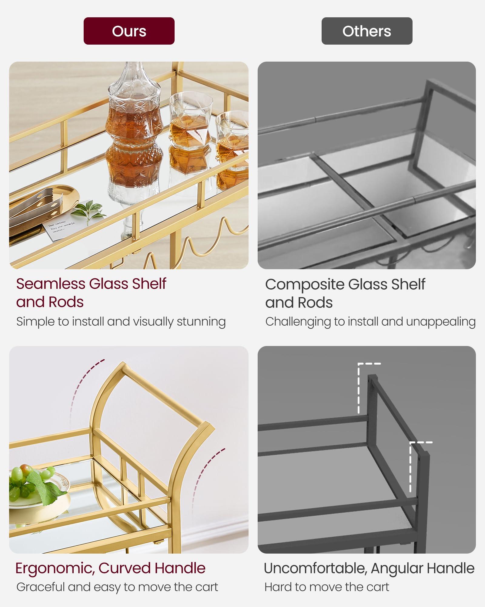 VASAGLE VASAGLE Bar Cart Gold, Home Bar Serving Cart, Wine Cart with 2 Mirrored Shelves, Wine Holders, Glass Holders, for Kitchen, Dining Room, Gold ULRC090A03