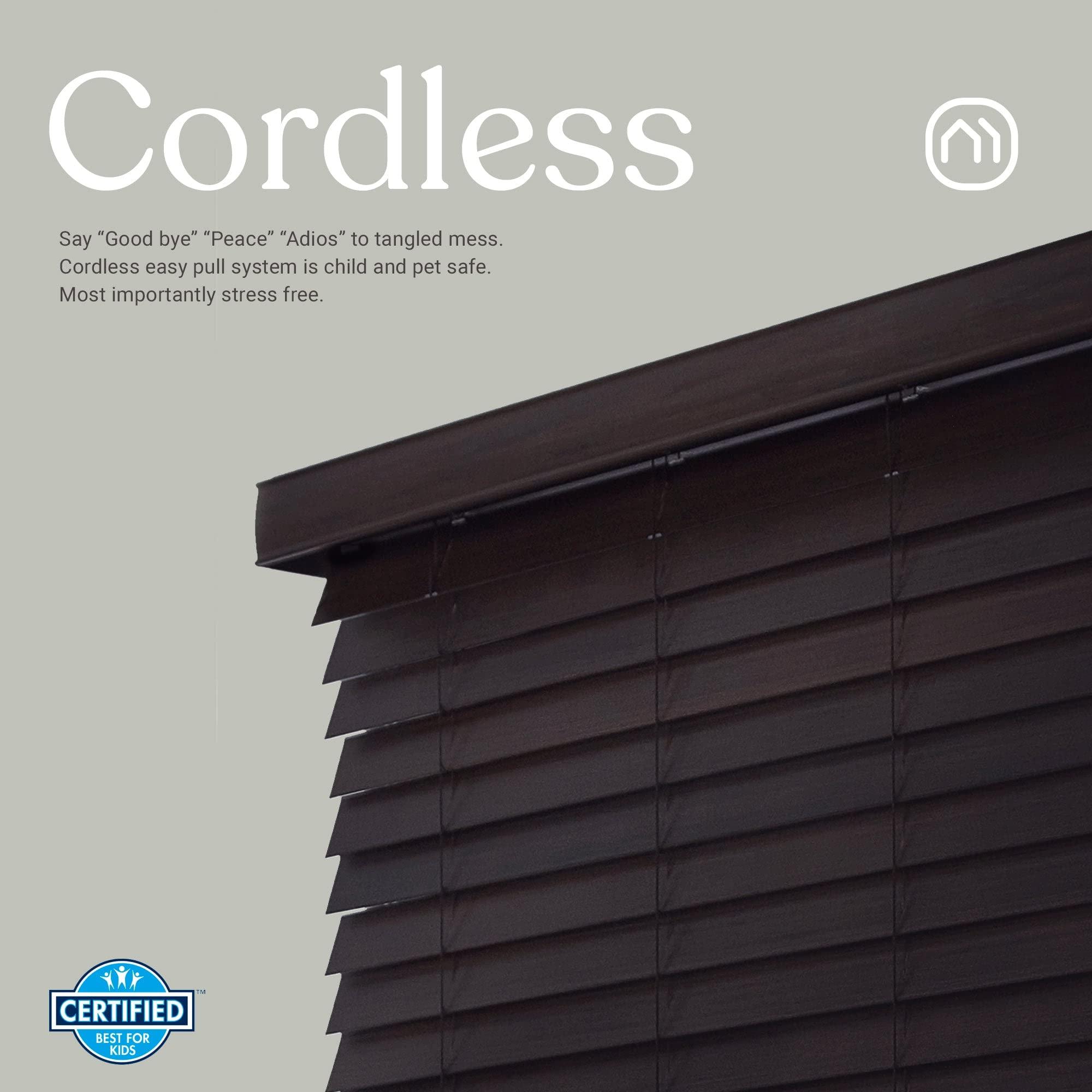 Mood MOOD Architectural Faux Wood Window Blinds | Driftwood Dark Brown 2 inch Expresso Wooden Blinds | 25.5 inch Wide Blinds for Windows | Custom Made Cordless Blackout | Espresso | 25.5" Wide x 72" Tall