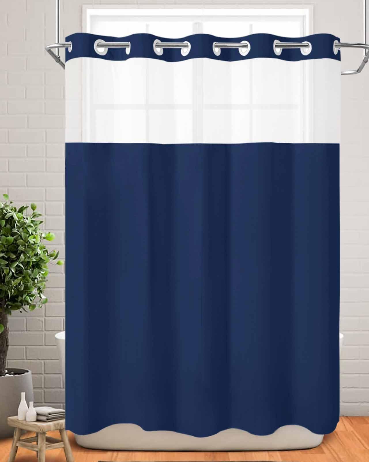 PIEPLE No Hook Shower Curtains with Snap in Liner, Navy Blue Waterproof Fabric Shower Curtain, Pure Blue Solid Color Simple Minimalism Art Double Layers & See-Through Top Window Bathroom Curtains 60''x72''