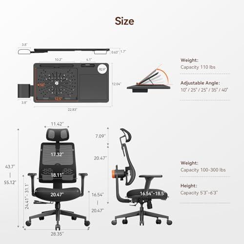 Newtral Newtral Ergonomic Office Chair with Adaptive Lumbar Support- High Back Desk Chair with Adjustable Headrest, 3D Armrest, Adjustable Seat Depth & Height, Home Office (with Laptop Table Tray, Black)